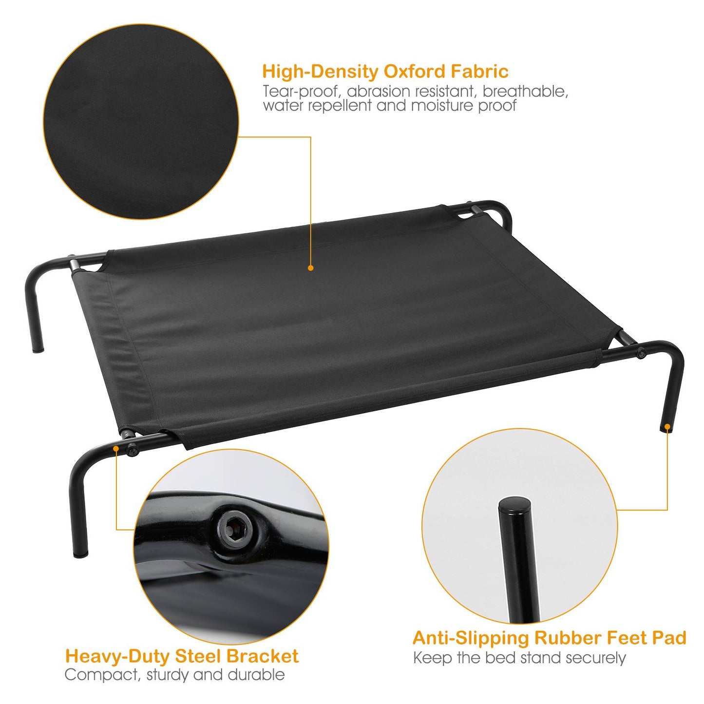 Close-up of oxford fabric, steel bracket and anti-slip rubber foot of elevated pet bed
