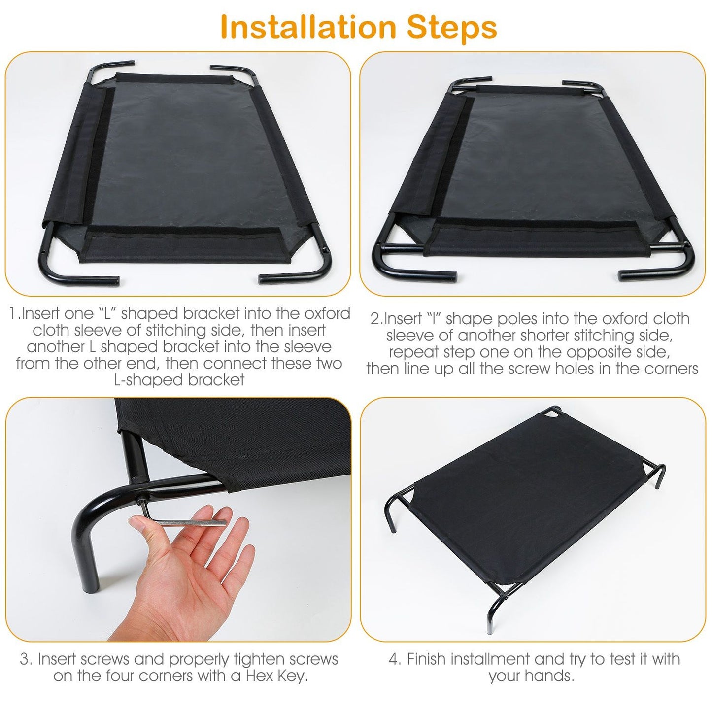 Step-by-step assembly panels showing how to insert frame brackets into sleeves and tighten screws with a hex key