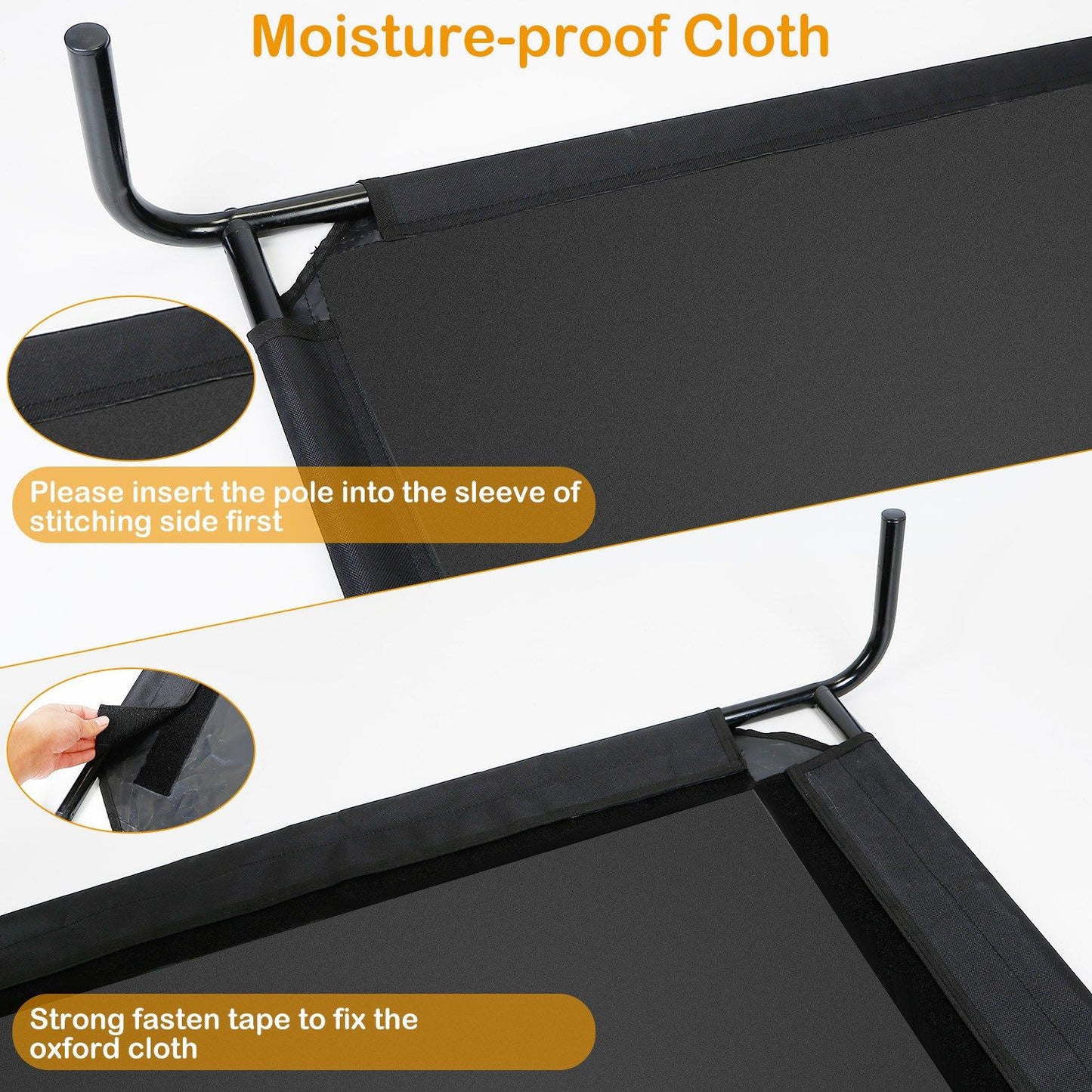 Edge close-up of oxford cloth sleeve and fastening tape showing how poles insert into the pet bed fabric
