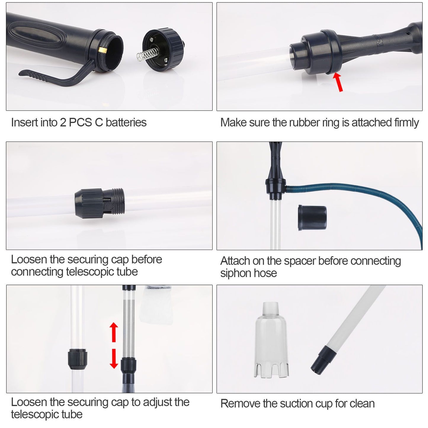 close-up assembly steps: battery cap, rubber ring, securing cap, spacer and removable suction cup