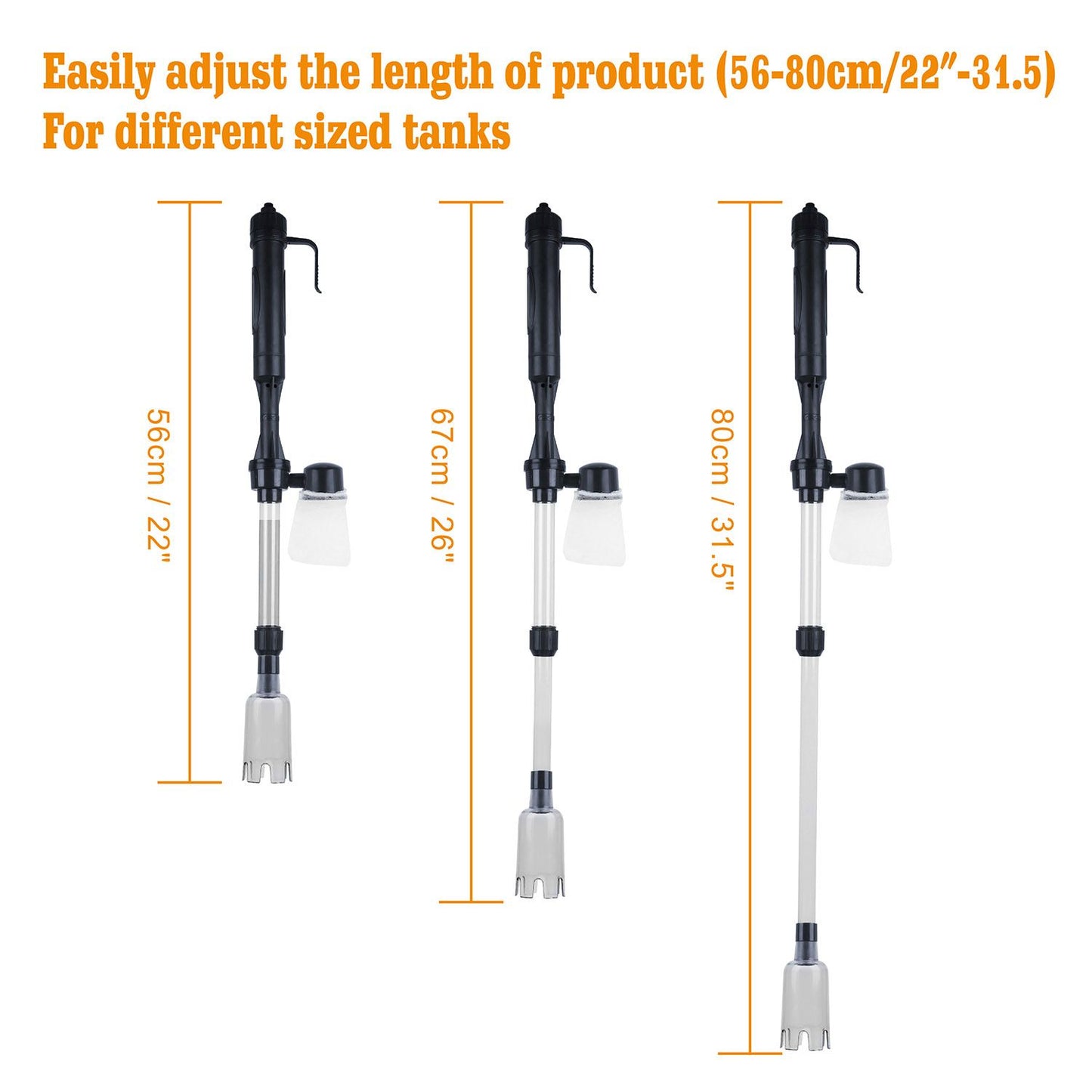size chart showing gravel cleaner adjustable lengths at 56cm, 67cm and 80cm for different tank heights