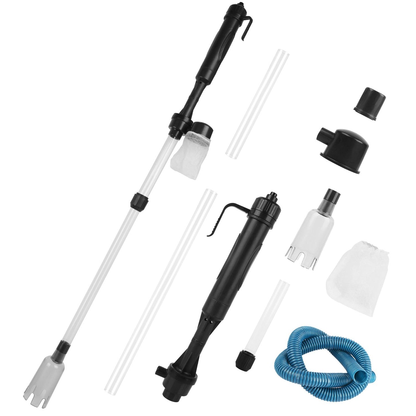 flat-lay of gravel cleaner kit showing handle, tubes, siphon hose, filter bonnet and connectors