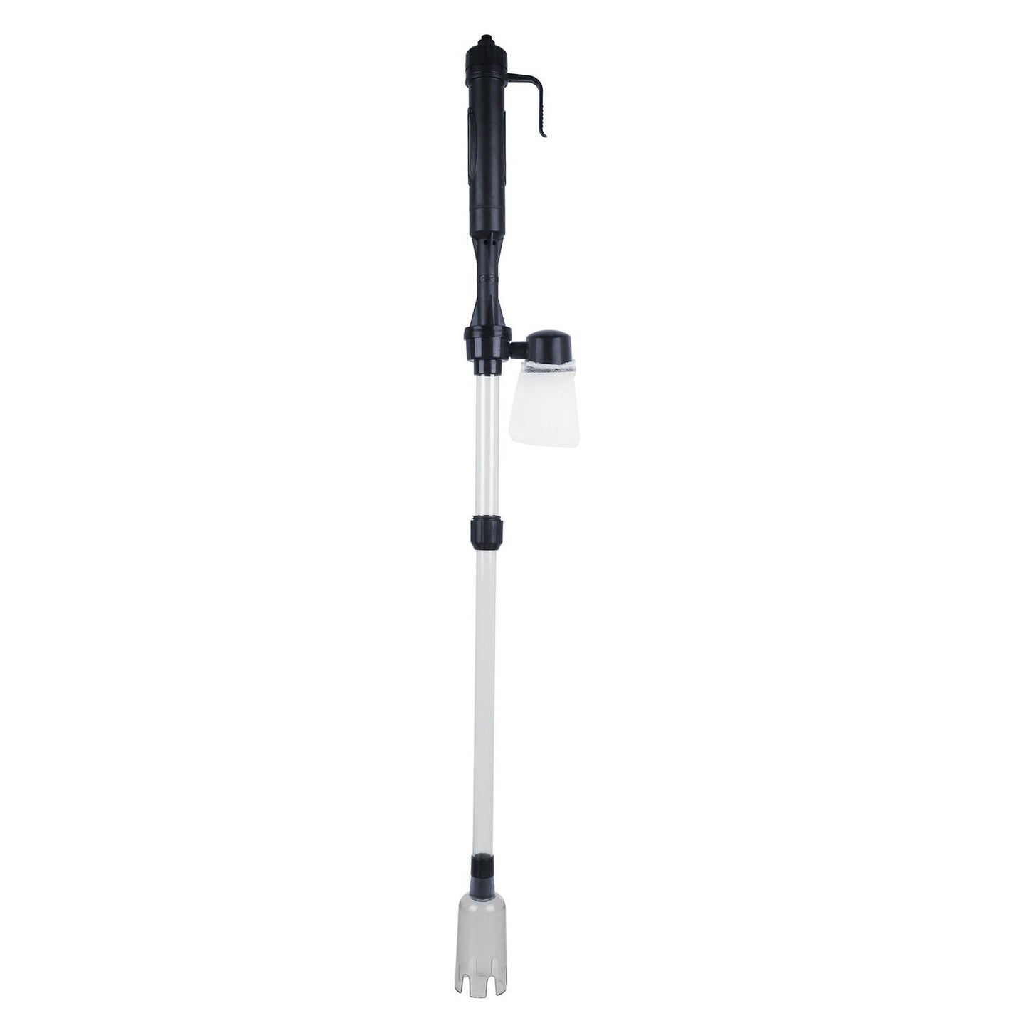 assembled aquarium gravel cleaner vertical on white background with handle, tube, and suction head