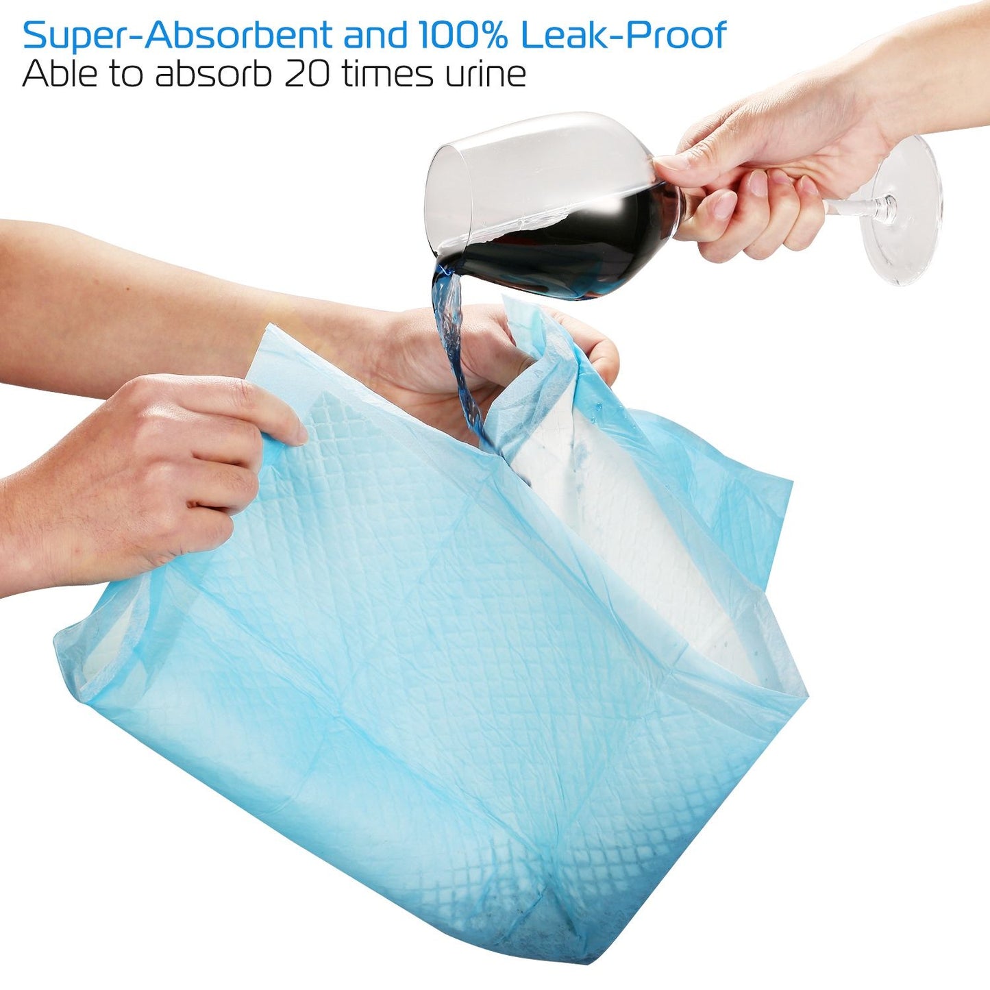 Liquid poured onto pad showing absorbent layers and leak proof gel action