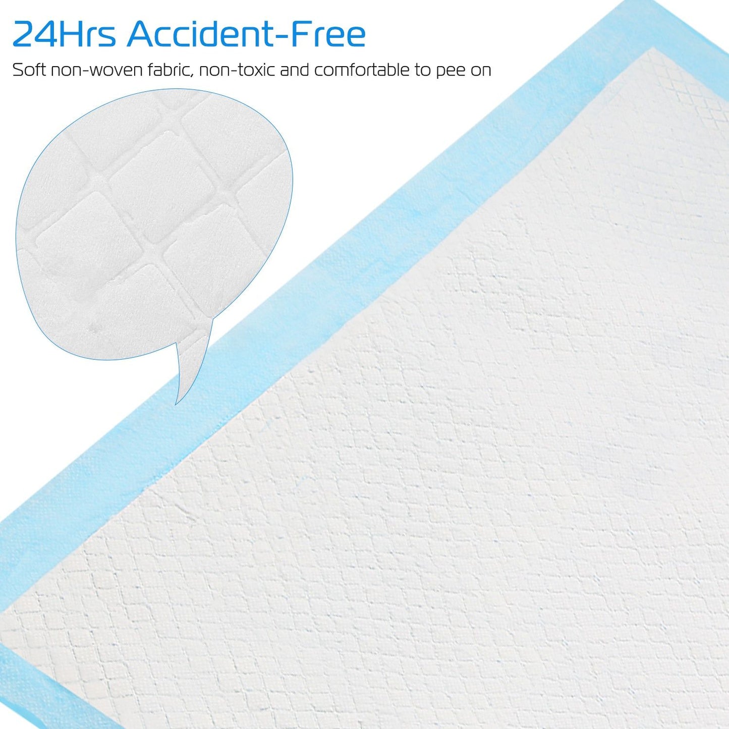 Quilted diamond top surface and blue waterproof border of training pad close up