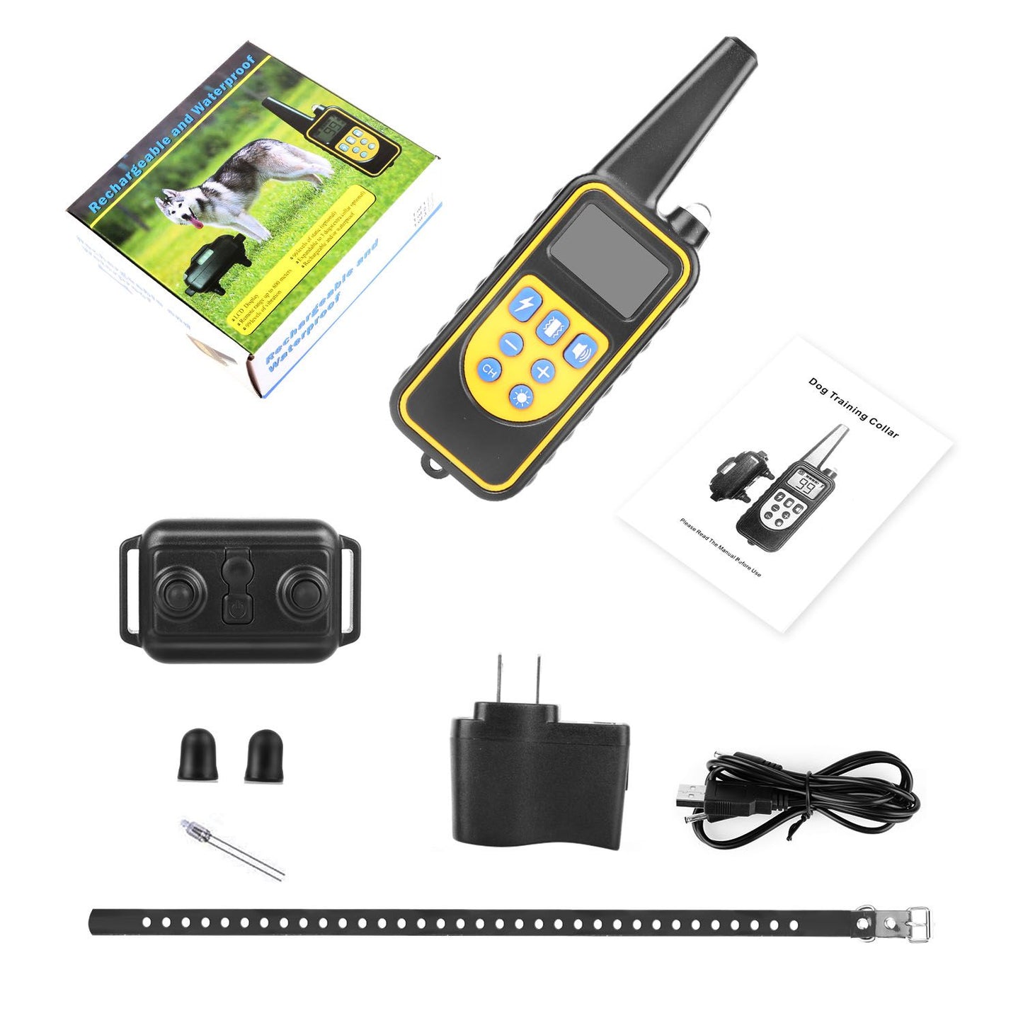 dog training collar kit with remote, receiver, strap, charger, USB cable and manual