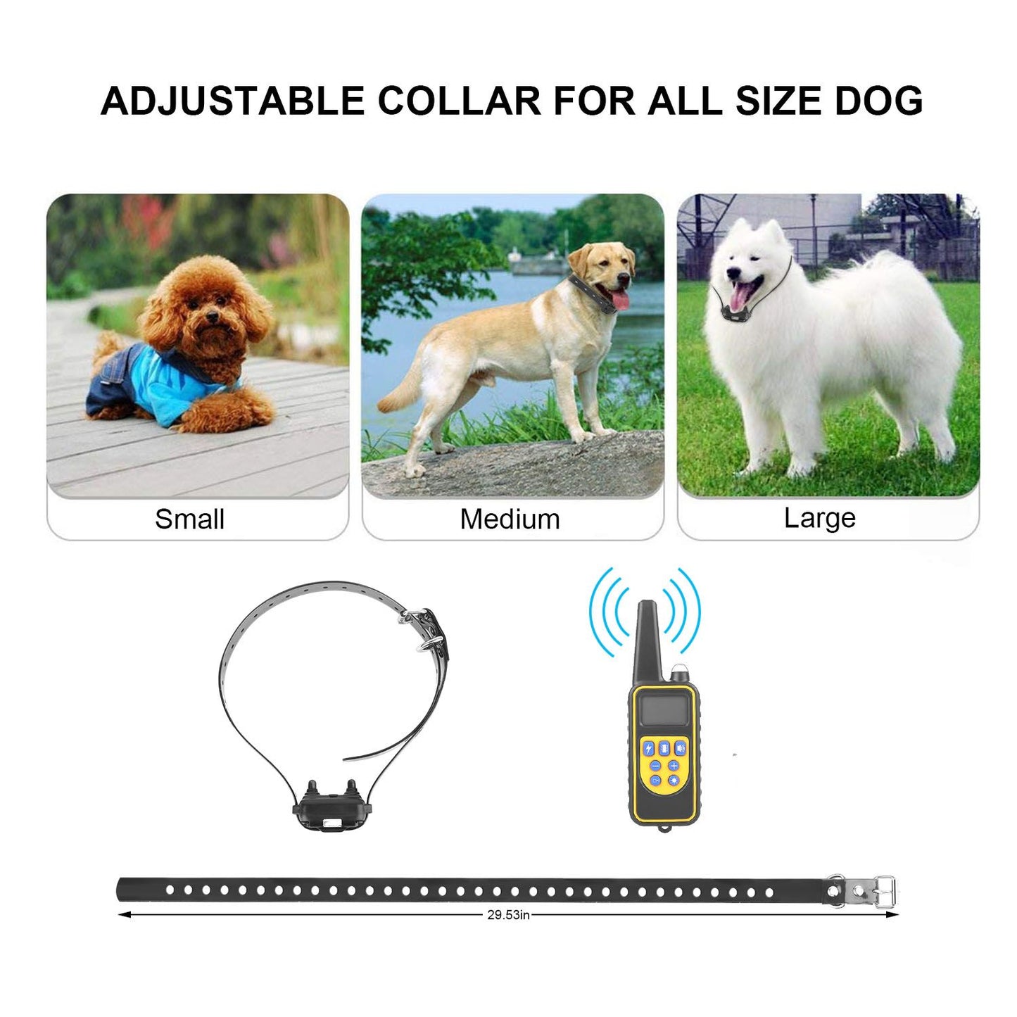 adjustable black collar strap and remote illustrating fit for small to large dogs