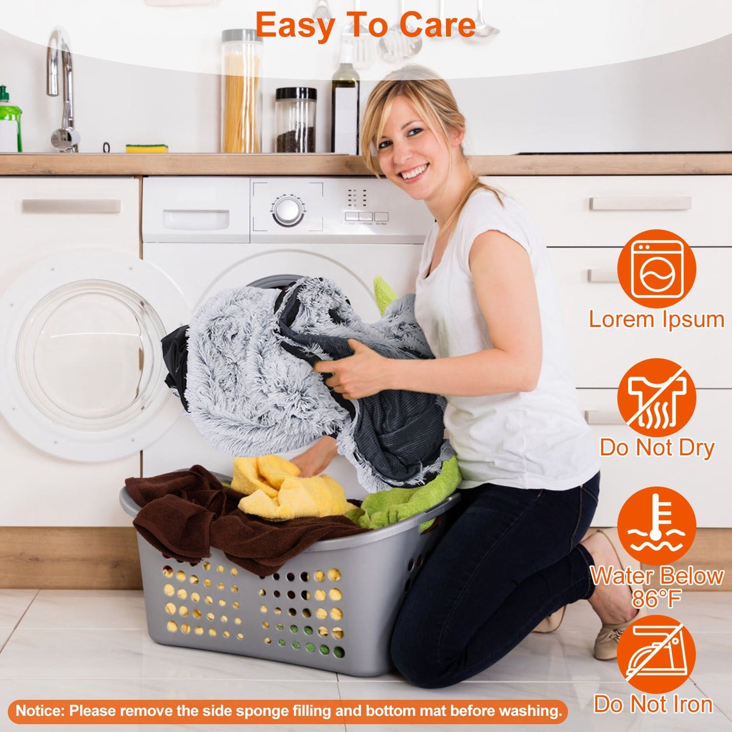 Person loading removable plush cover into washing machine with care icons and washing notice
