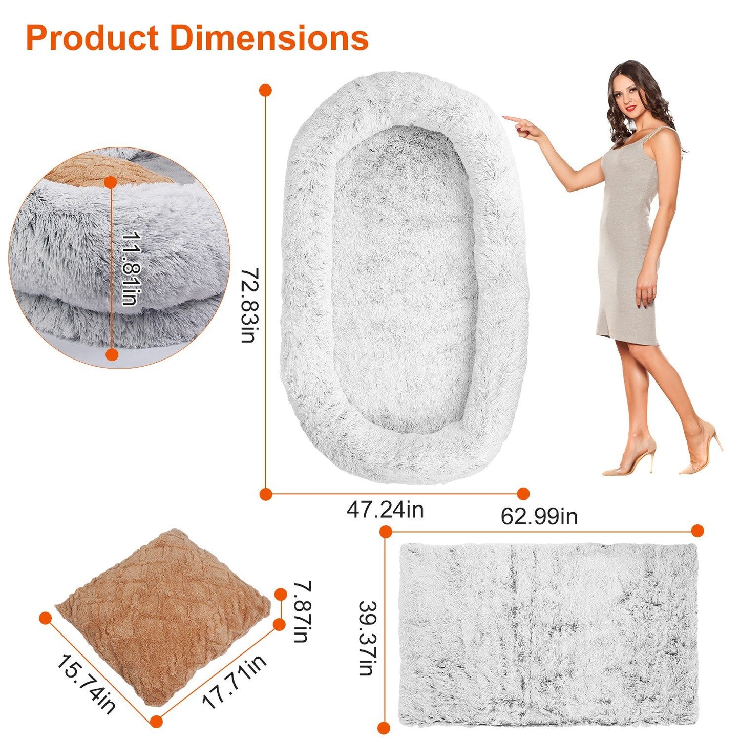 Dimension diagram with bed size 72.83x47.24x11.81 in plus blanket and pillow measurements