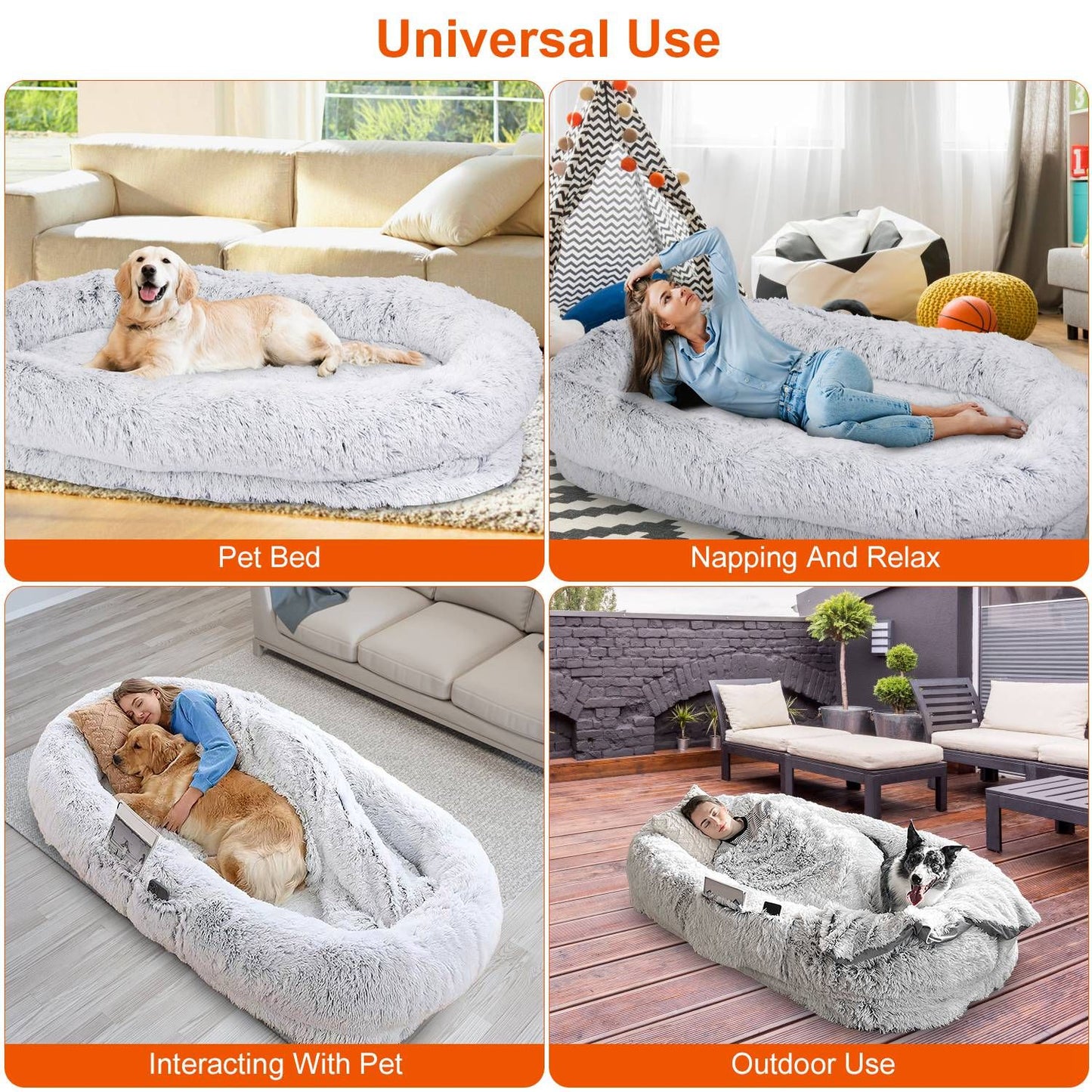 Collage of the bed used indoors for pets and people and outdoors on a patio