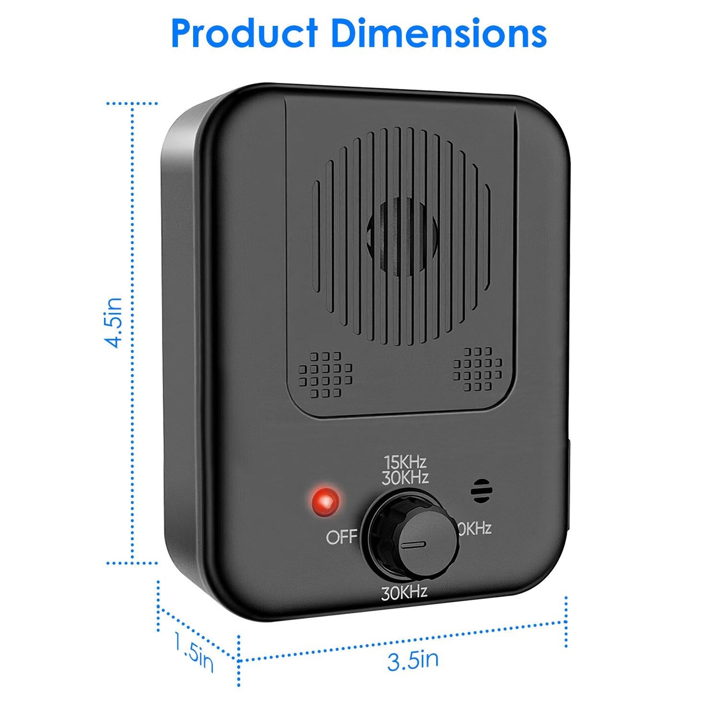Front view of device with dotted dimension lines showing 4.5 x 3.5 x 1.5 inch product size