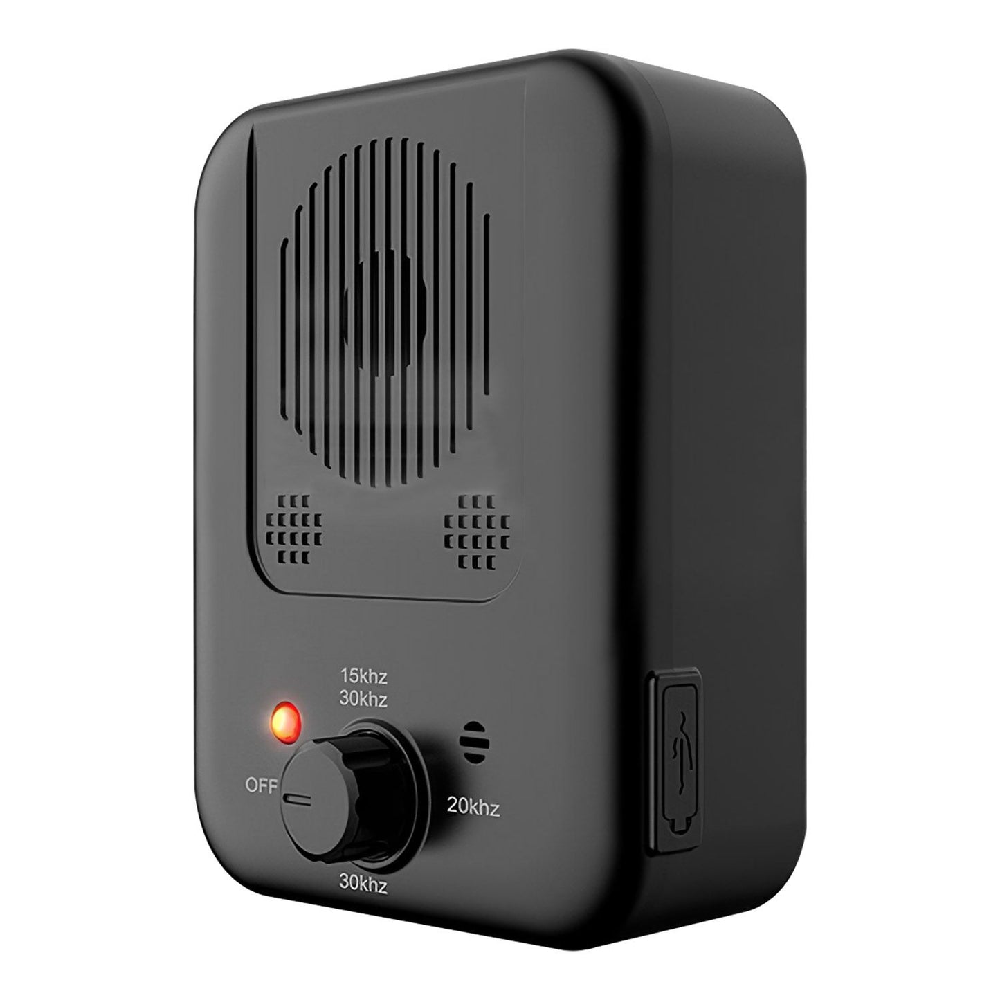 Studio product shot of black ultrasonic anti-barking device showing speaker grille, LED, control knob and side USB port