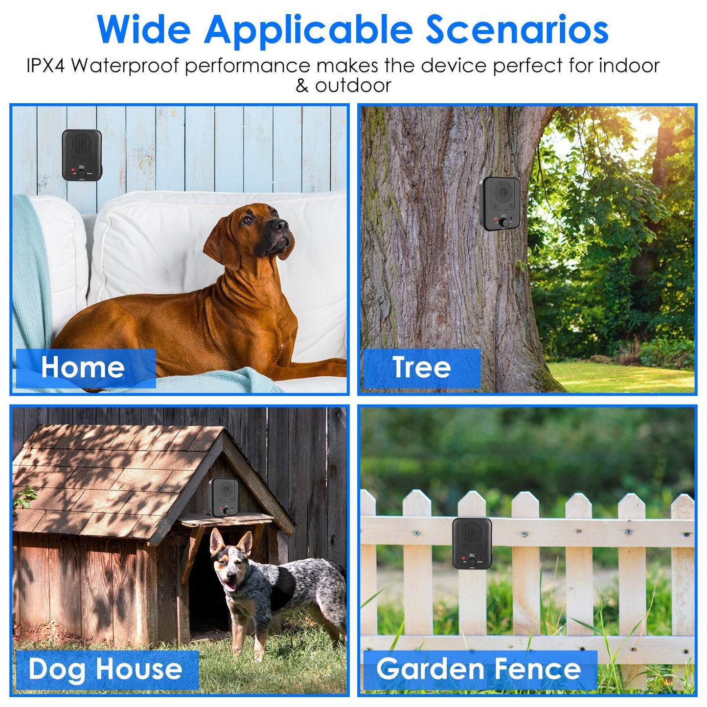 Four-panel grid showing the device mounted at home, on a tree, on a dog house, and on a garden fence