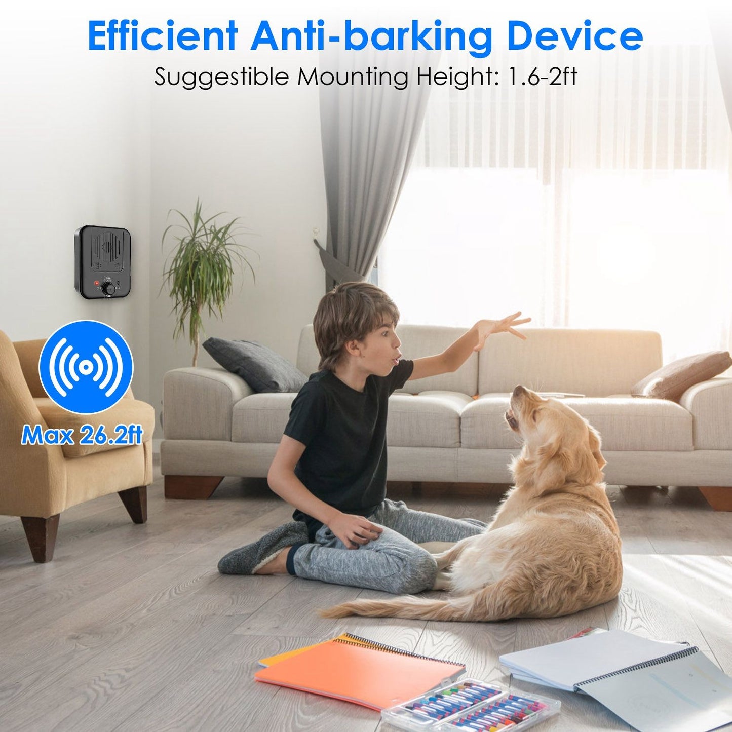 Ultrasonic device mounted on living room wall with child playing and dog nearby, showing max 26.2 ft range