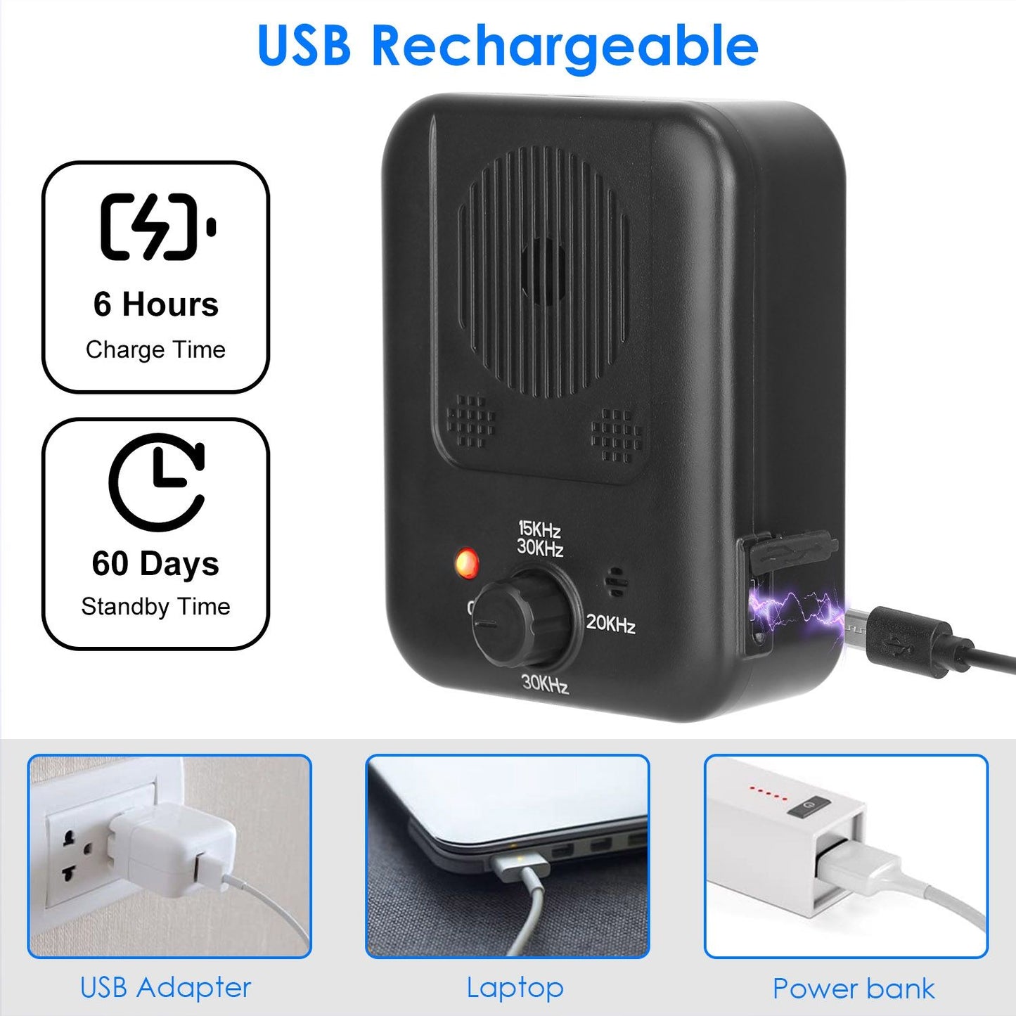 Close-up of device charging via Type-C port with icons for 6 hour charge and 60 day standby