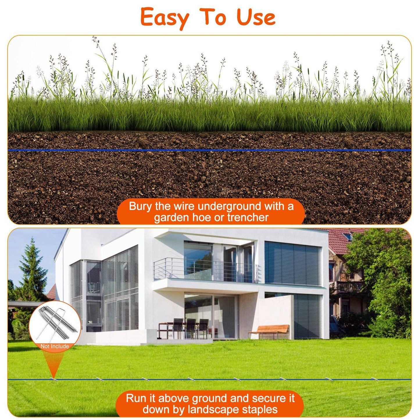 installation graphic showing wire buried beneath turf and wire run on lawn secured with staples