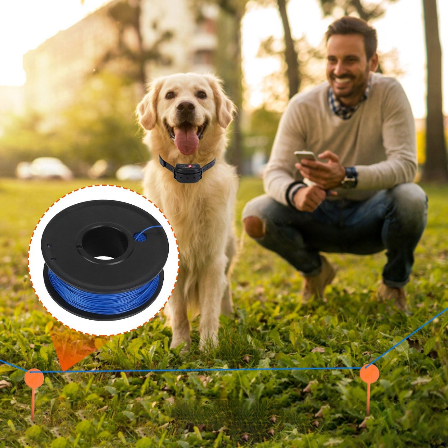 dog wearing receiver near stakes with blue boundary wire laid on lawn and inset spool image