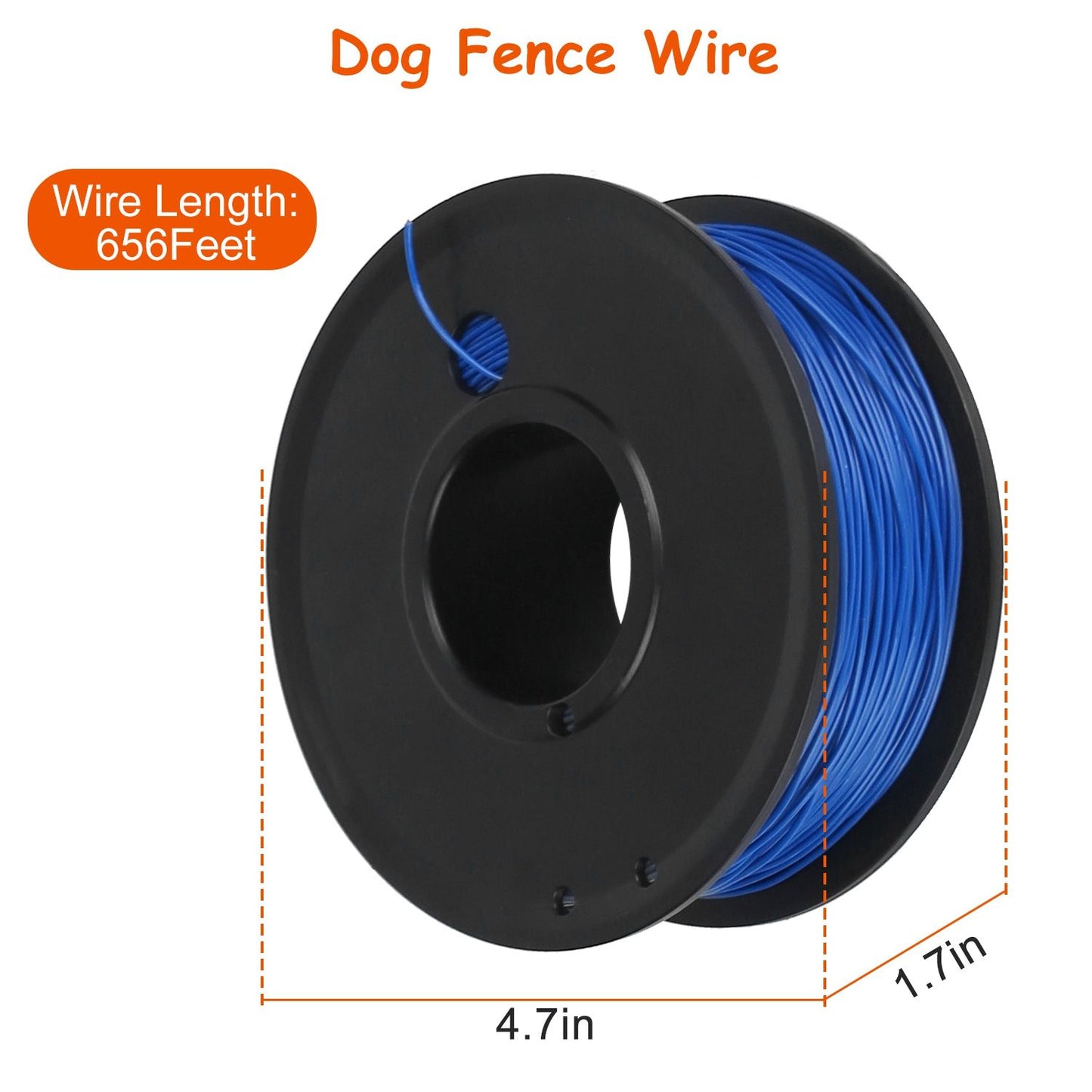 spool of blue dog fence wire with 656 feet label and spool dimensions