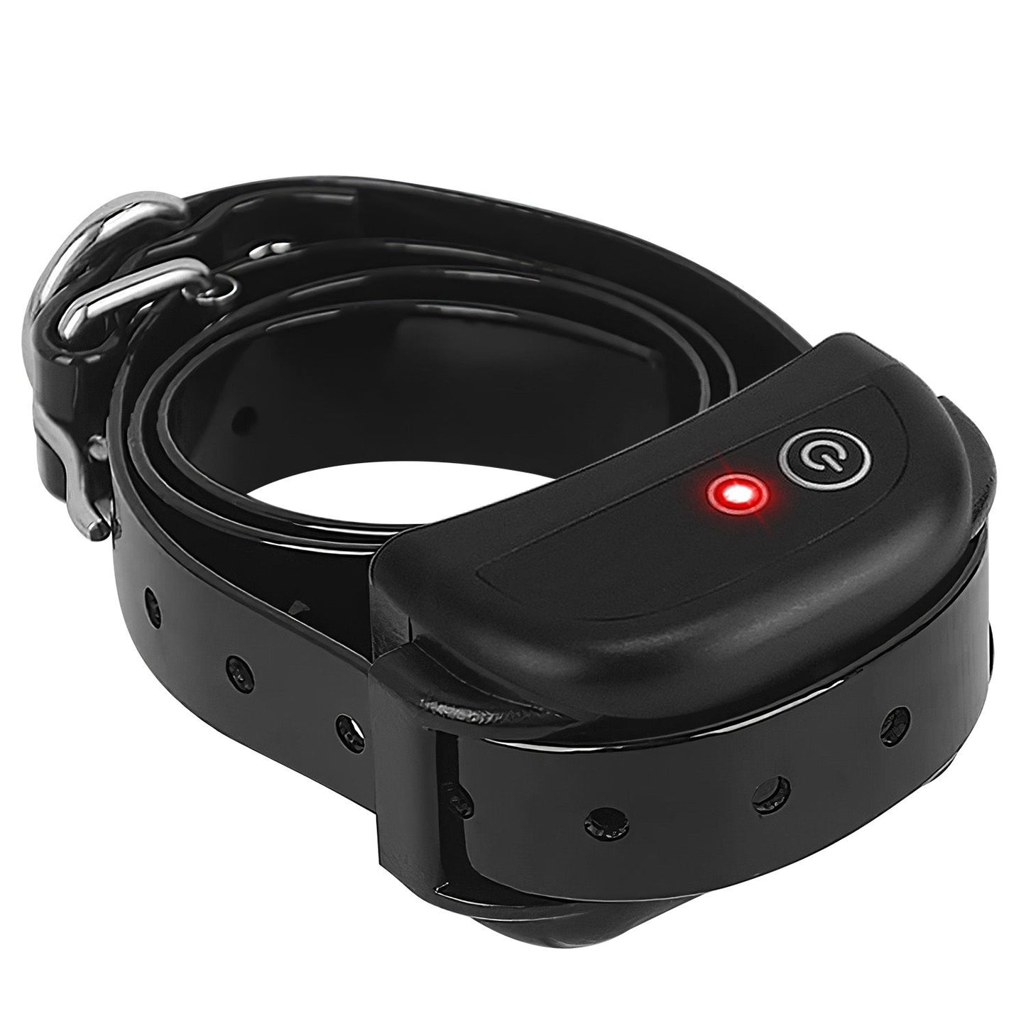 Coiled black TPU collar with attached receiver showing illuminated red indicator and buckle
