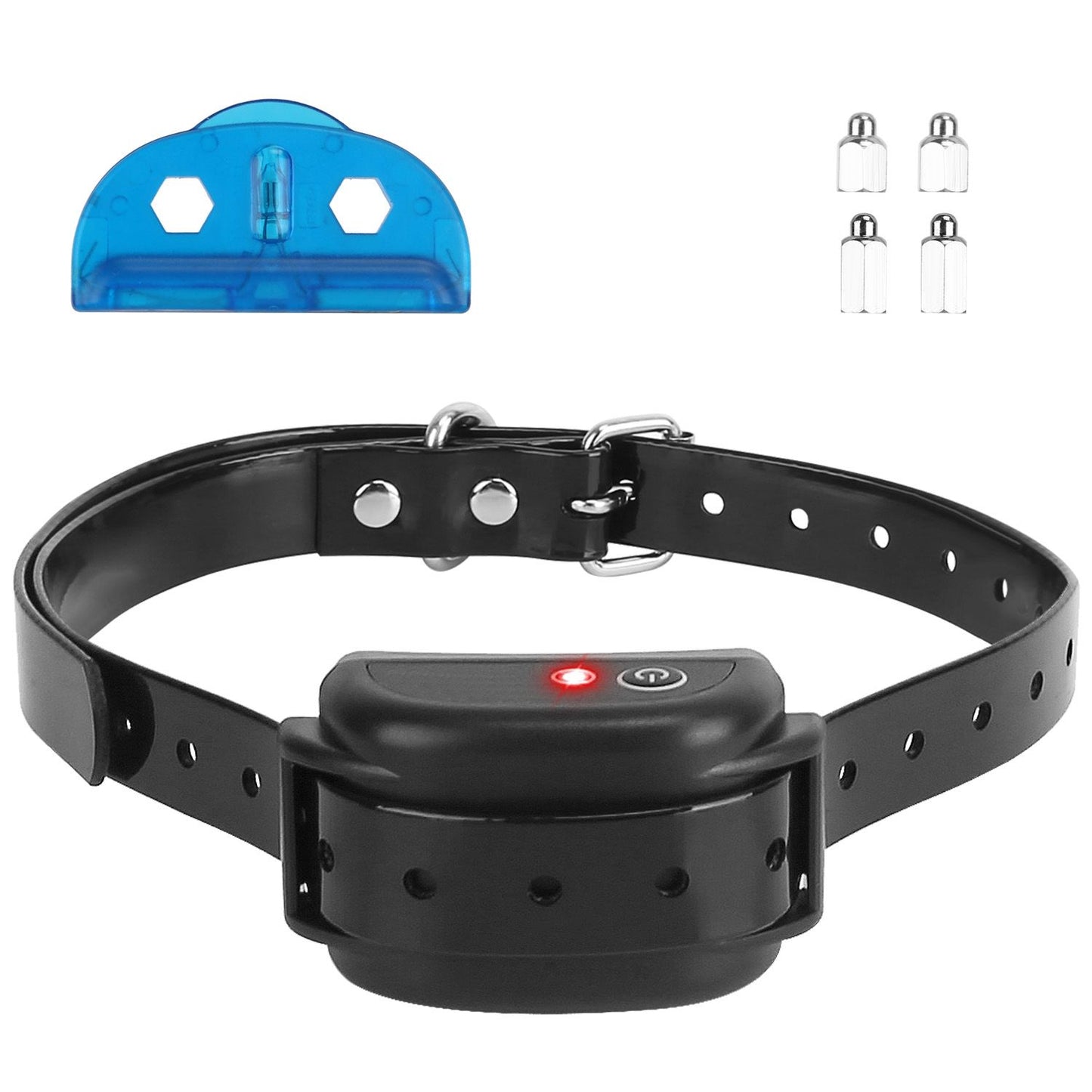 Front-facing collar and receiver laid flat with blue test tool and four metal probe caps displayed above