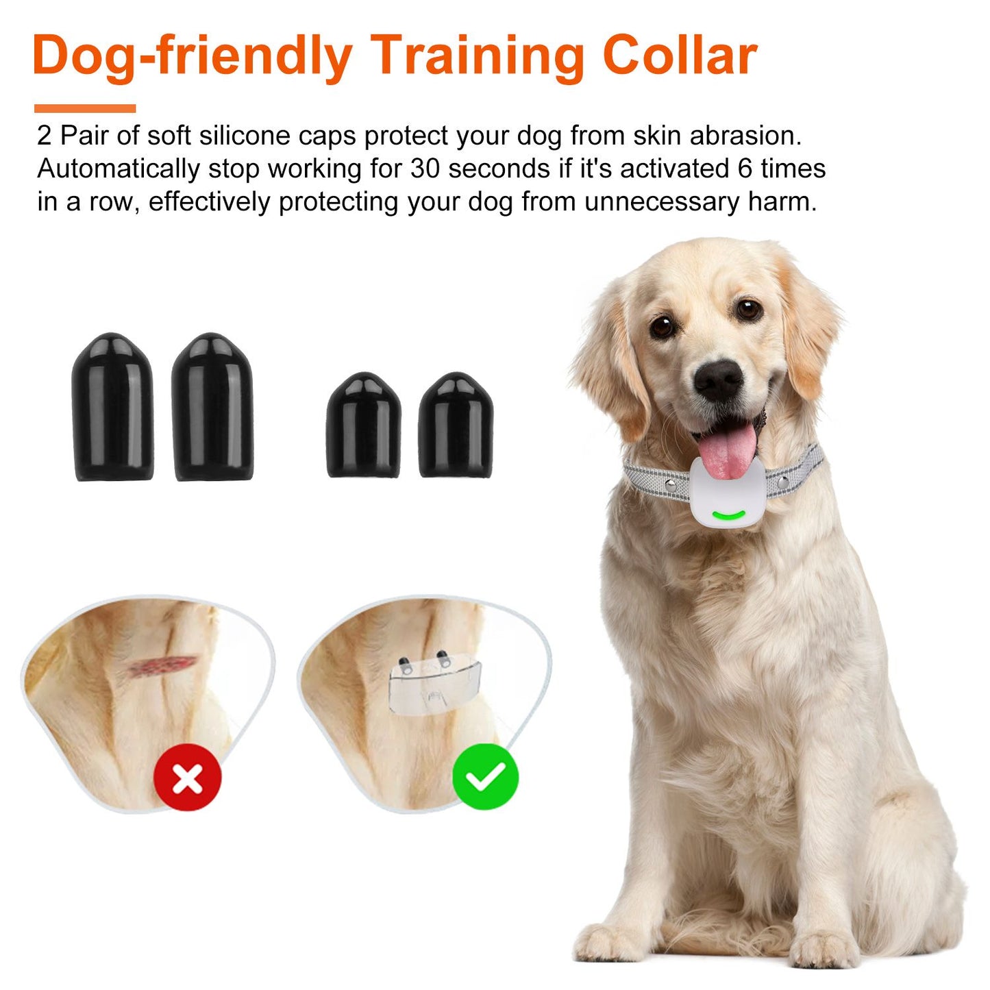 Set of long and short silicone caps and receiver on collar to protect the dog’s skin during use