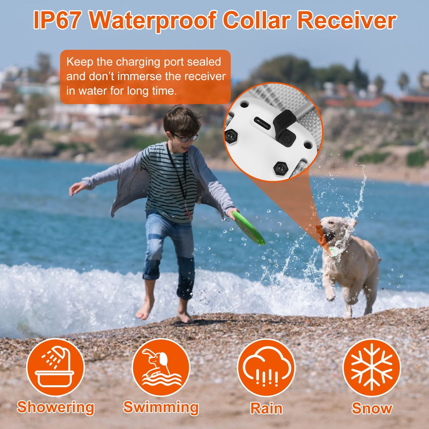Dog wearing white receiver at the beach with inset close-up of sealed charging port (IP67)