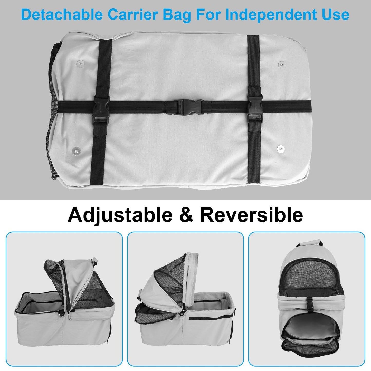 Detachable carrier bag with straps, buckles and mesh canopy shown folded and in multiple orientations