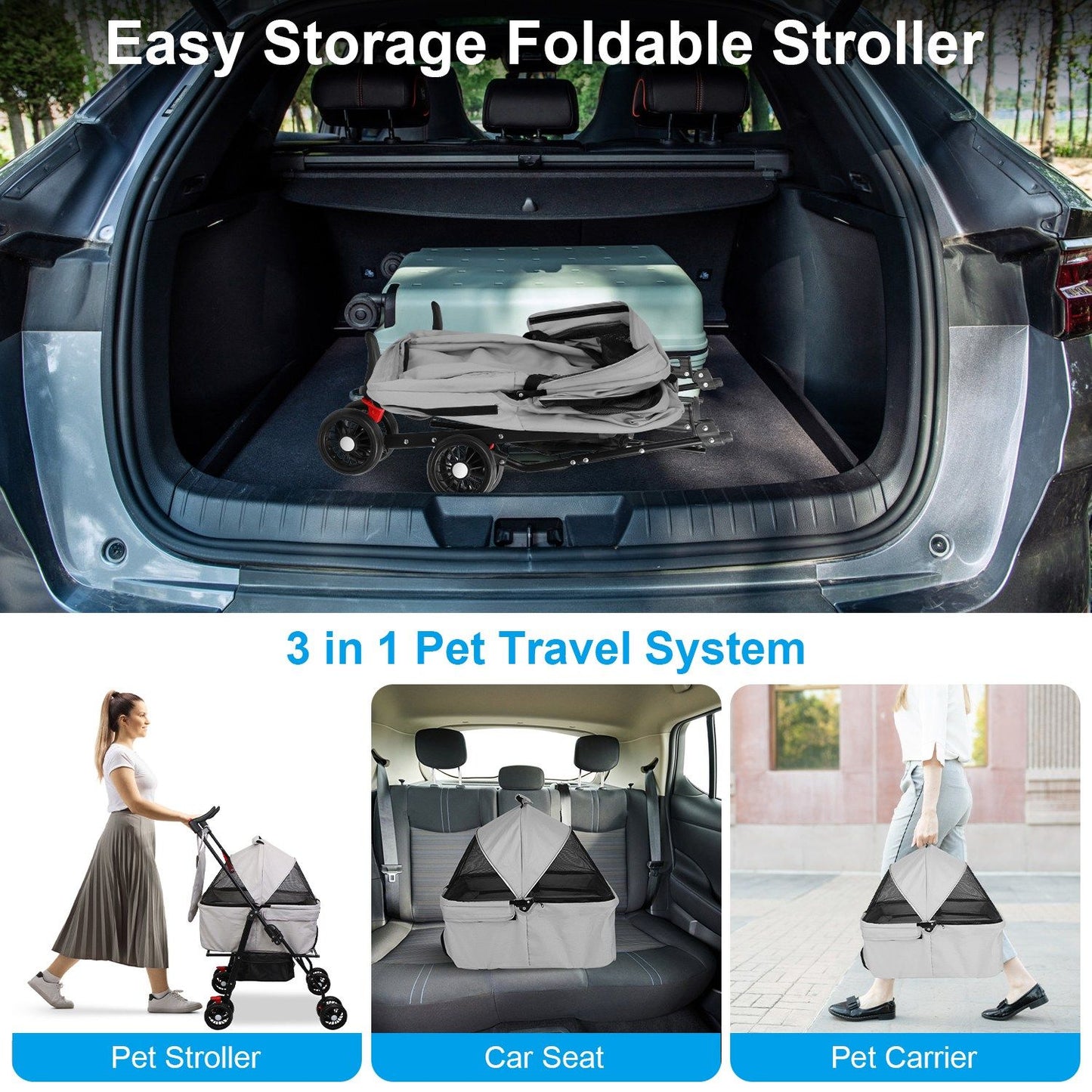 Folded pet stroller stored in a car trunk showing compact travel storage