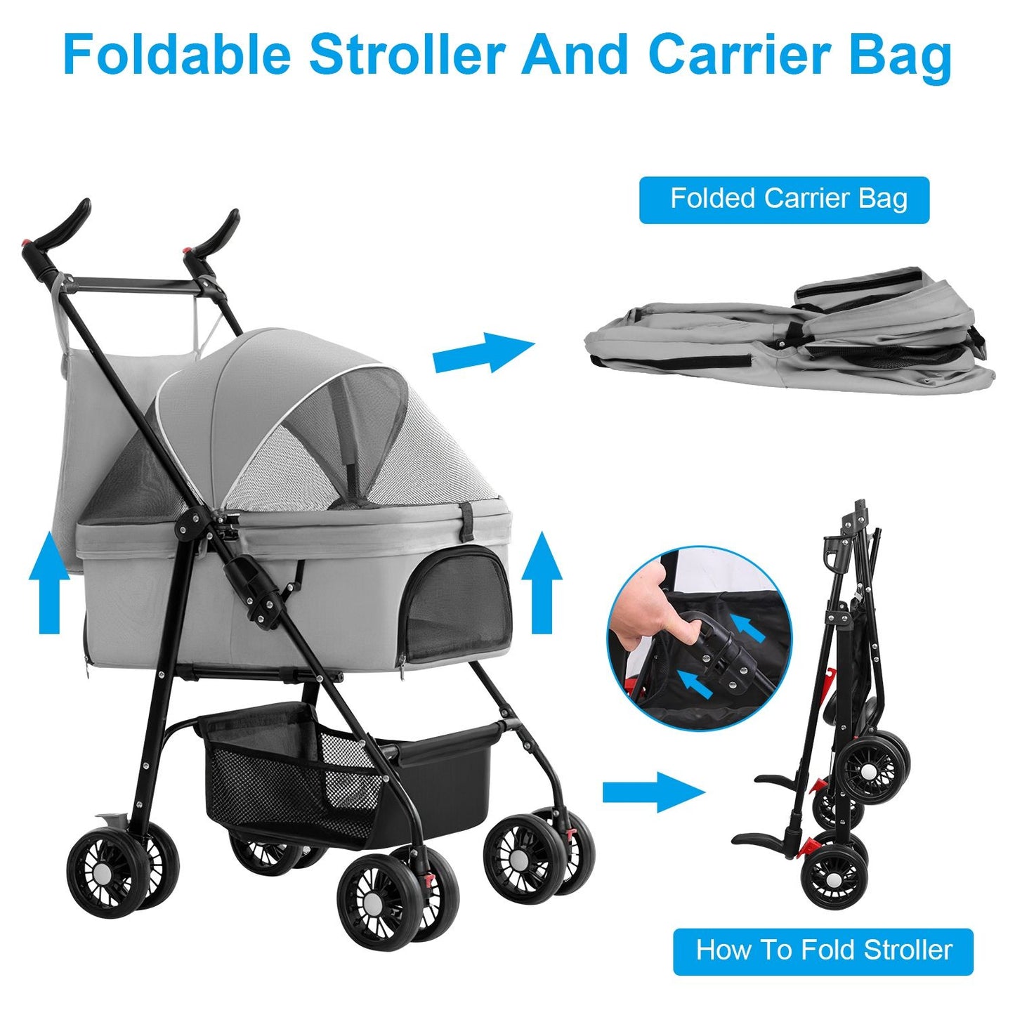 Foldable pet stroller and detachable carrier with arrows showing how to fold and compact storage