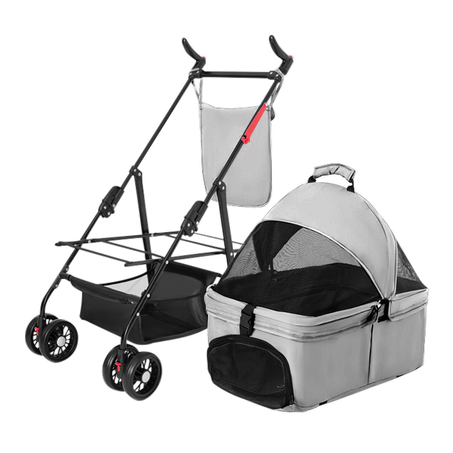 Pet stroller assembled and being pushed along a park path during a walk
