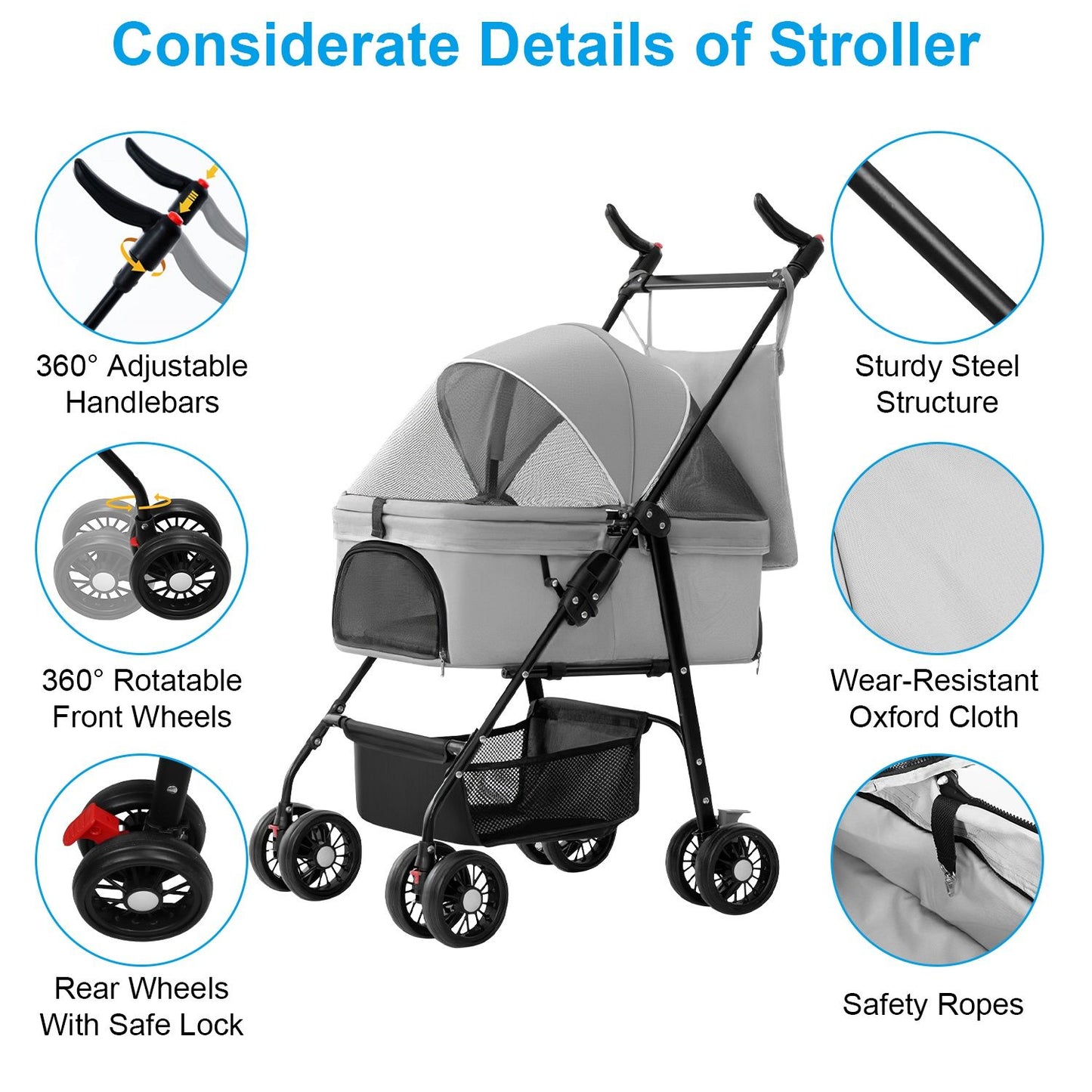 Pet stroller with callouts for adjustable handlebars, rotatable front wheels, rear lock and sturdy steel frame