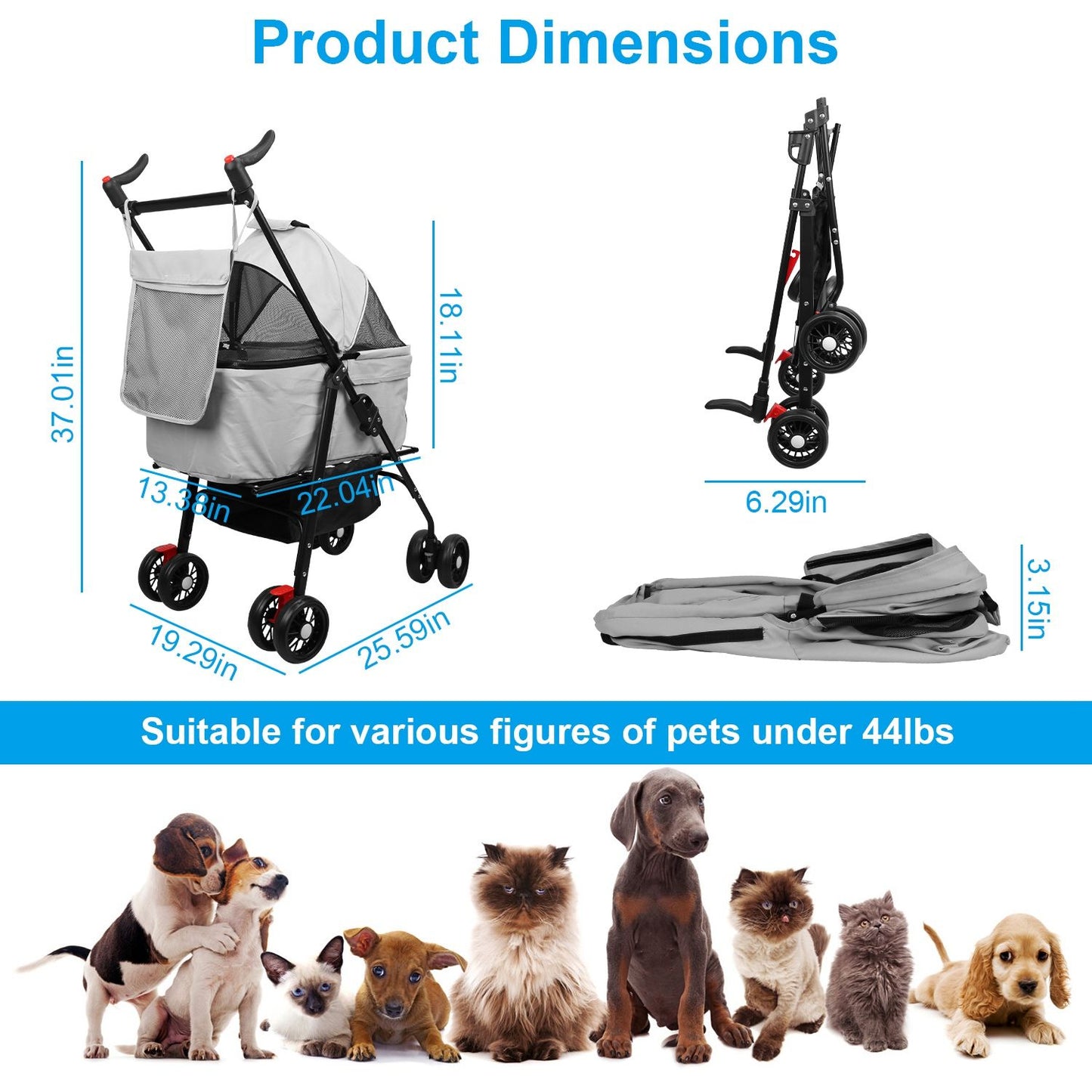 Three-panel graphic showing carrier used as stroller, car seat and handheld pet carrier