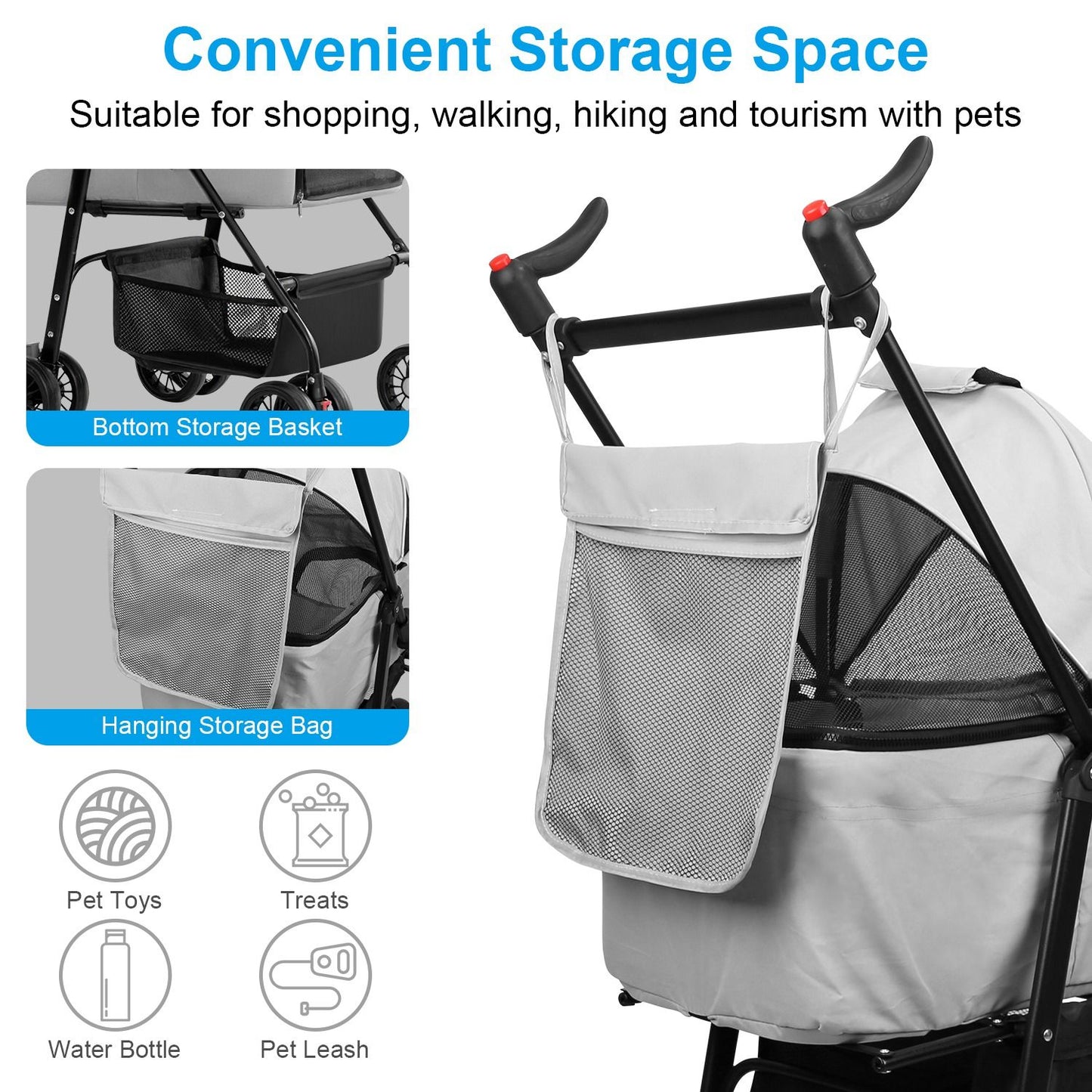 Stroller bottom storage basket and hanging handle bag for pet toys, treats and water bottle