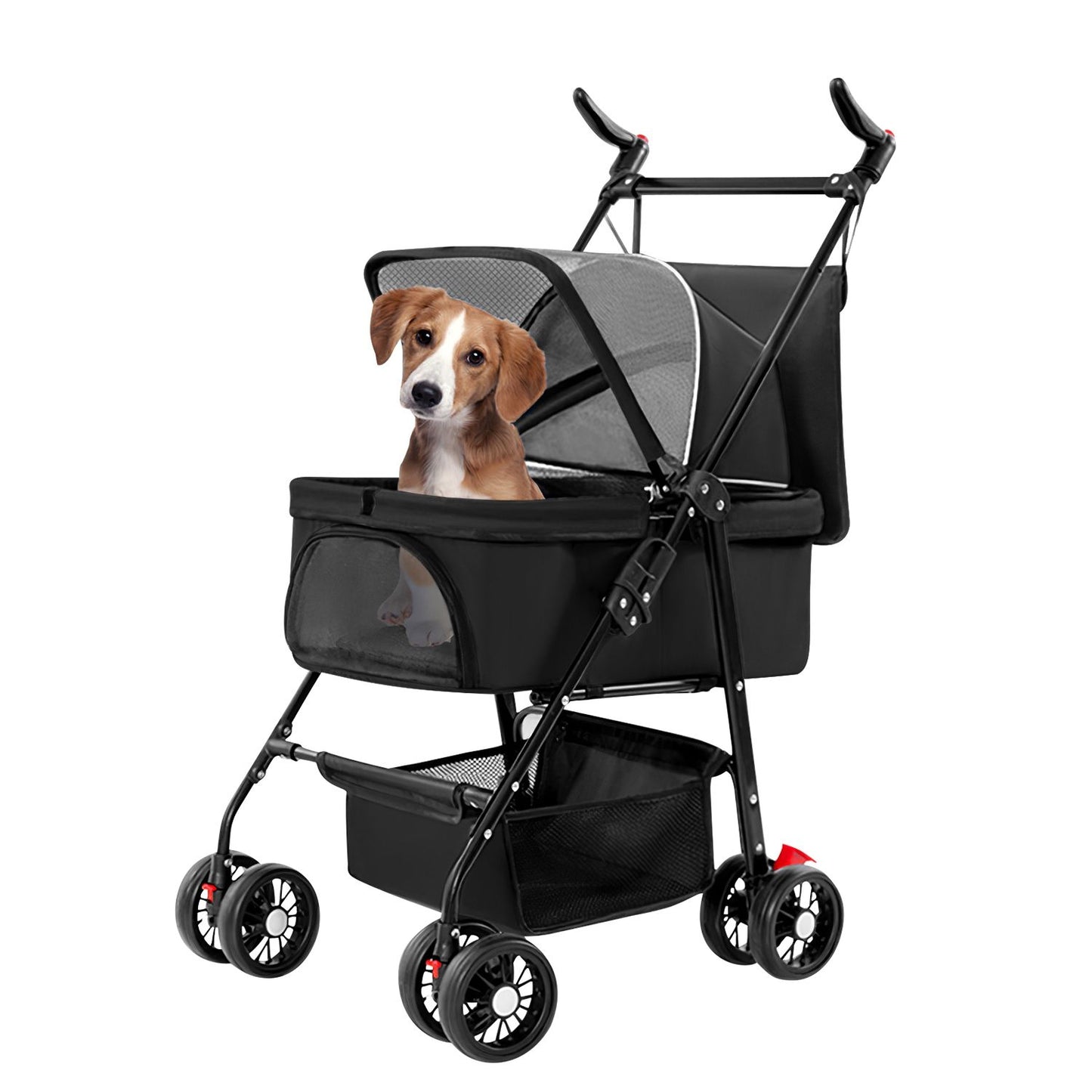 Gray assembled pet stroller on white background showing canopy, frame and lower storage basket