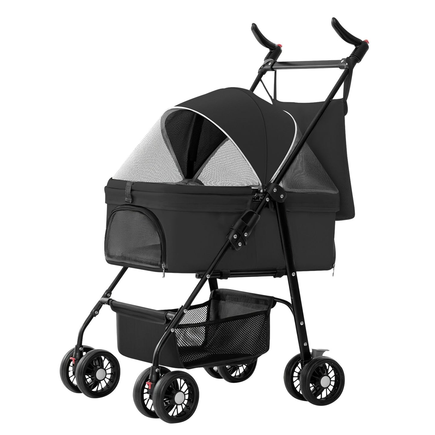 Black detachable carrier bag on a picnic blanket with mesh canopy deployed for outdoor use