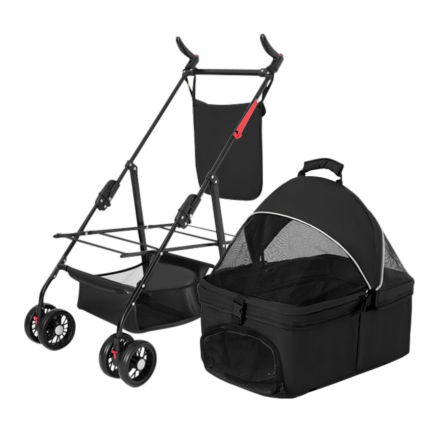 Black stroller frame beside matching detachable carrier bag shown separately on white background