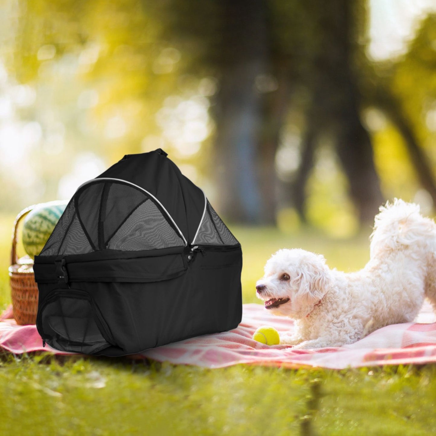 Stroller frame next to the detachable carrier bag with mesh canopy, shown separated on white
