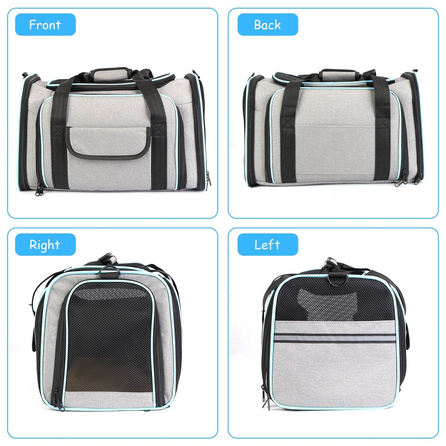 Four-view grid of carrier showing front pocket, back trolley sleeve, mesh side entrance and reflective strap
