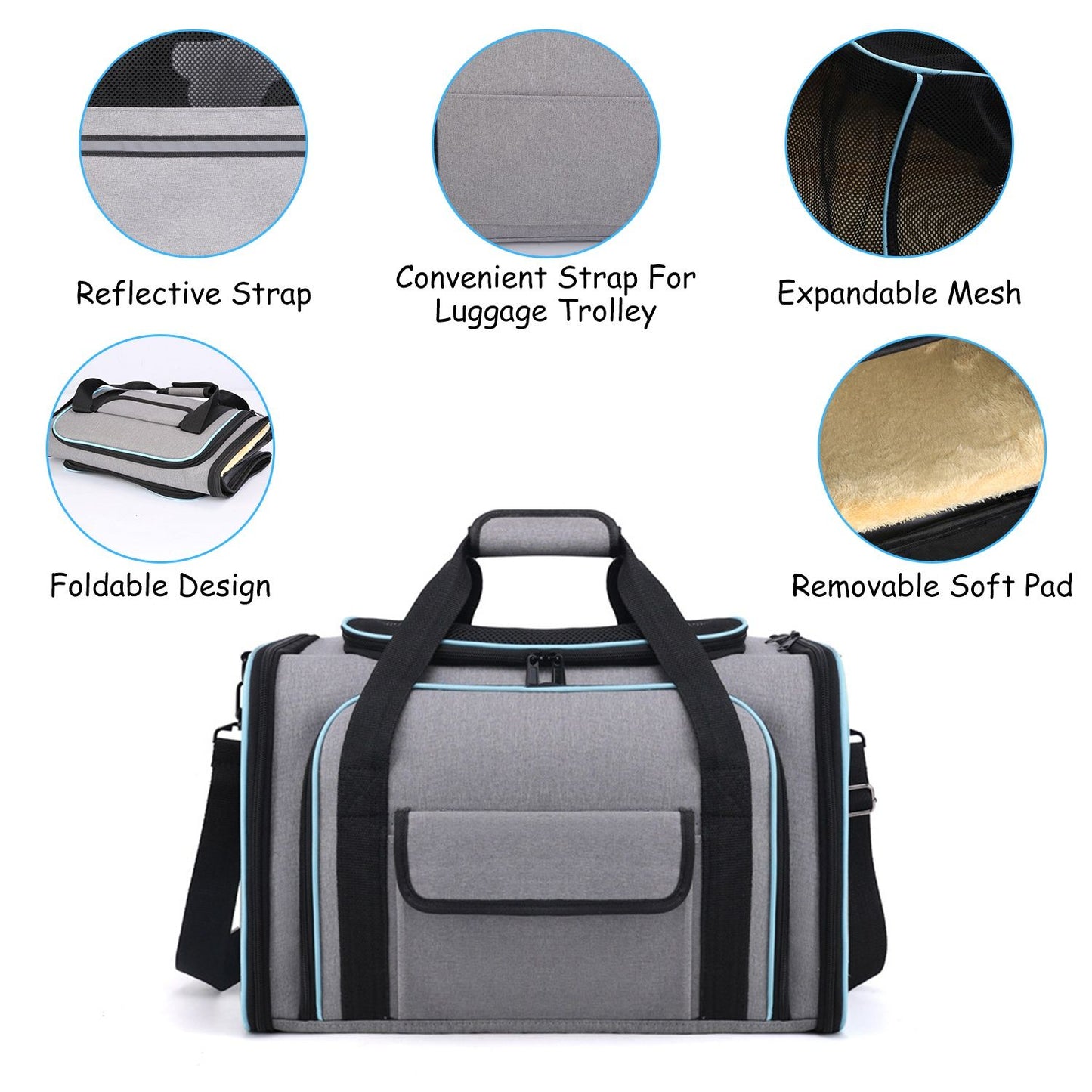 Front view of grey pet carrier with callouts for reflective strap, trolley sleeve, mesh pockets and removable pad