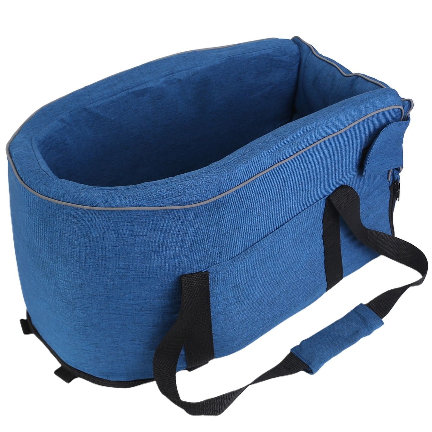 Blue pet car seat with padded rim, side pocket and detachable black carry straps