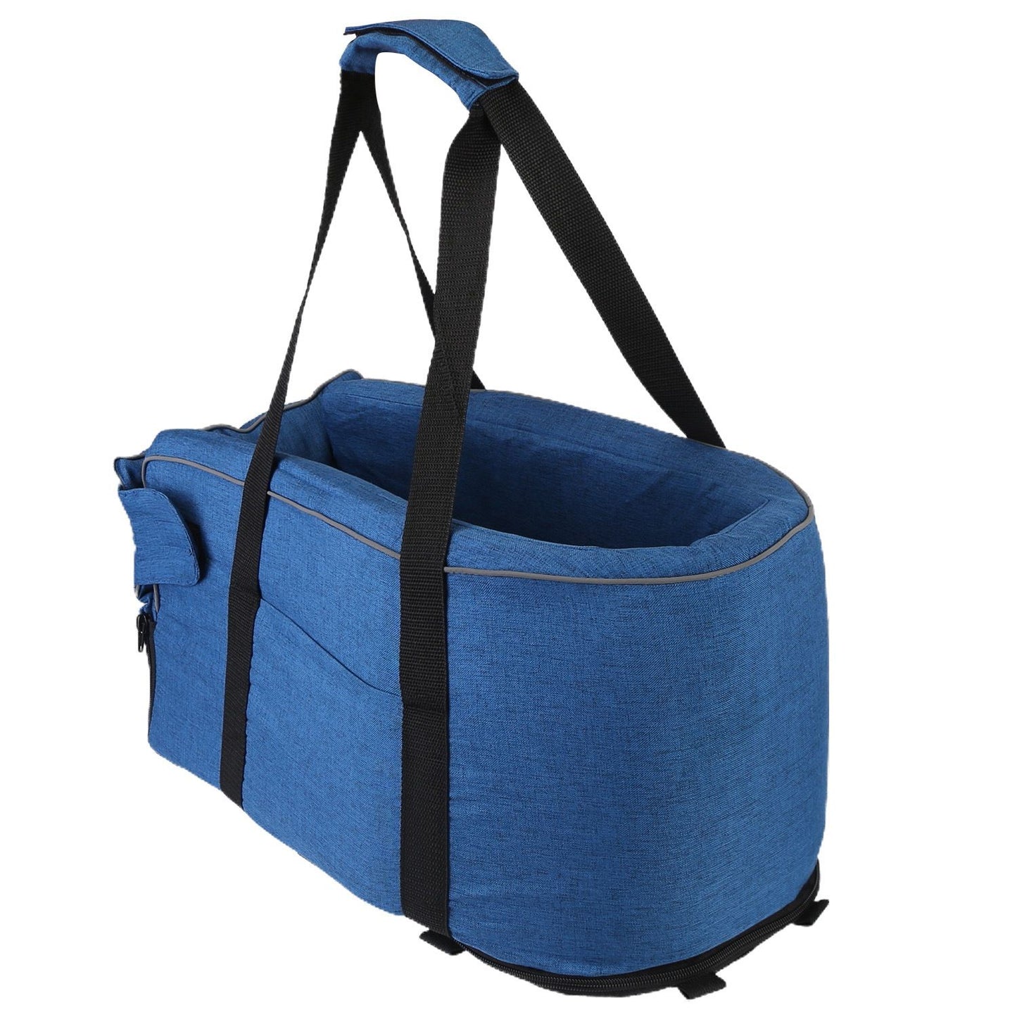 Blue pet carrier with raised handles, side zipper pocket and shoulder pad attached