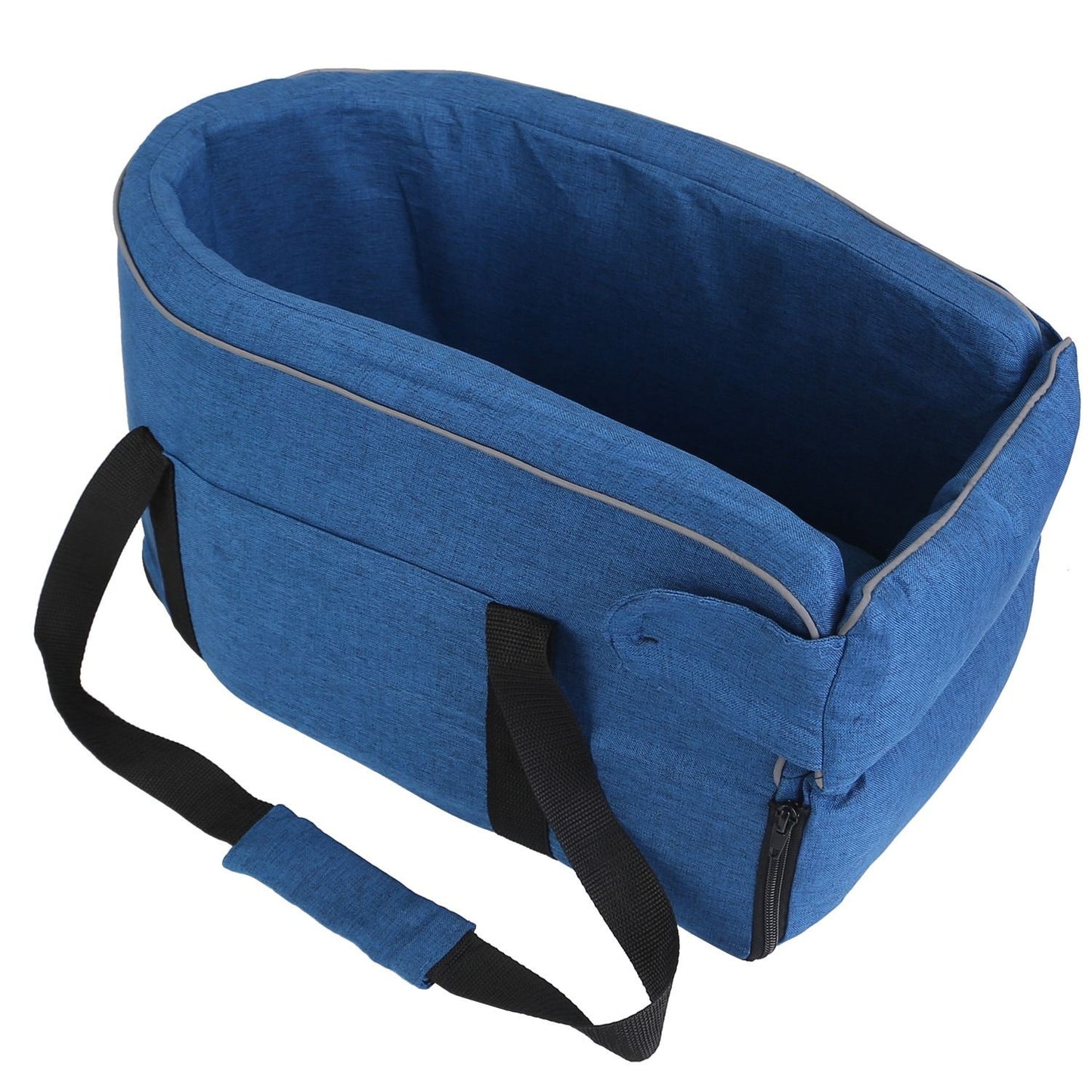 Top view of blue pet seat showing roomy padded interior and reinforced side walls