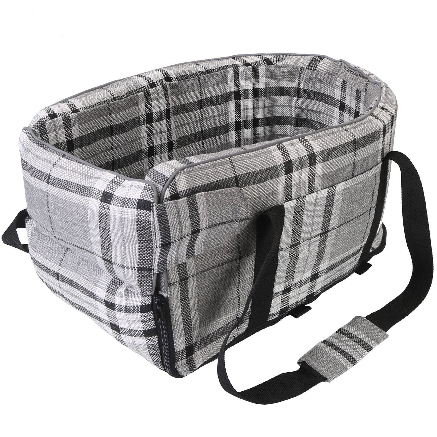Gray plaid pet carrier angled view showing side zipper, pocket, and base