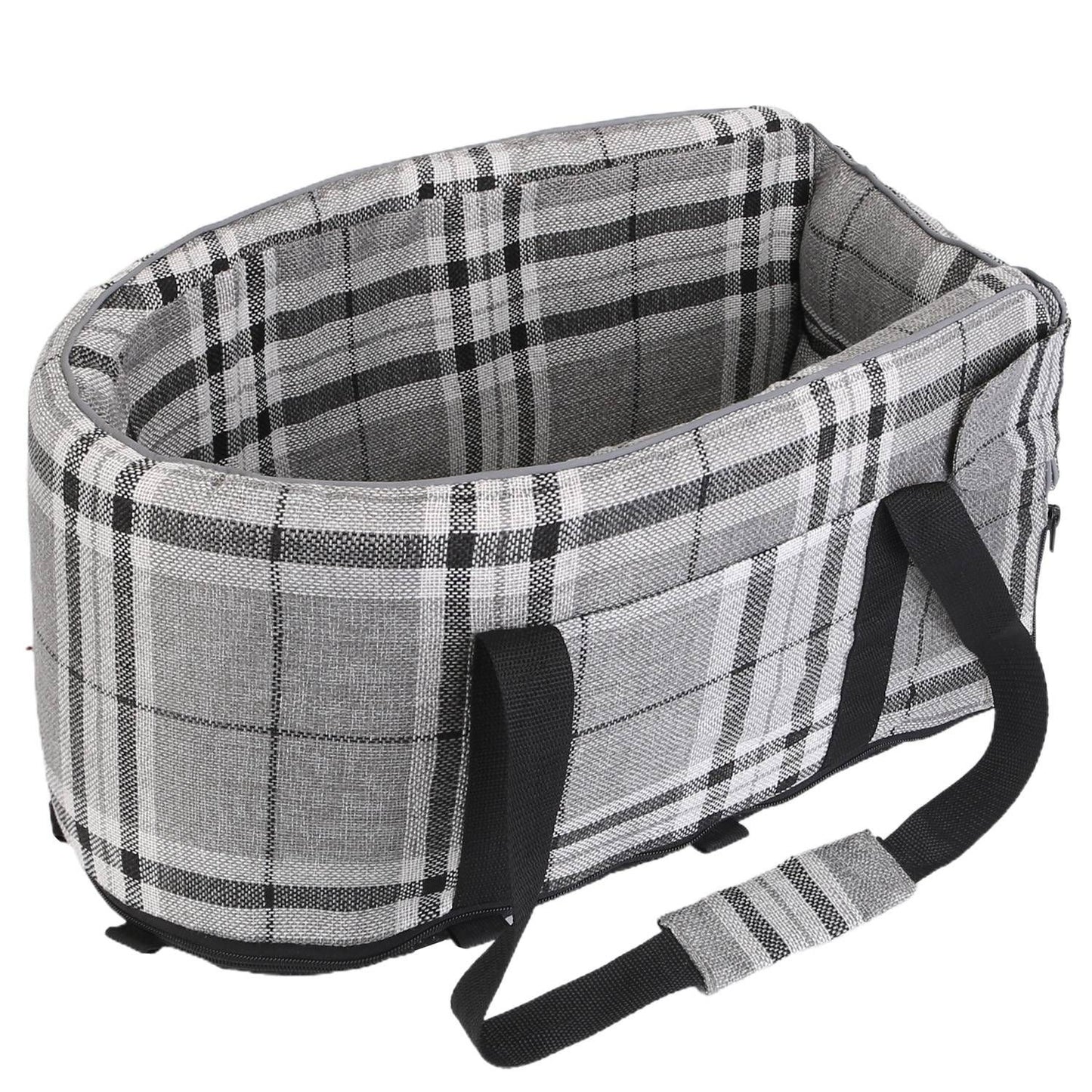 Gray plaid oval pet car seat with open interior and black carry straps