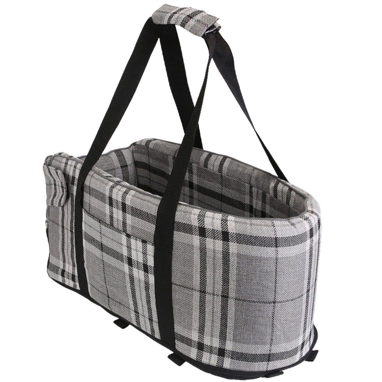 Gray plaid pet car seat with raised carry straps and shoulder pad attached