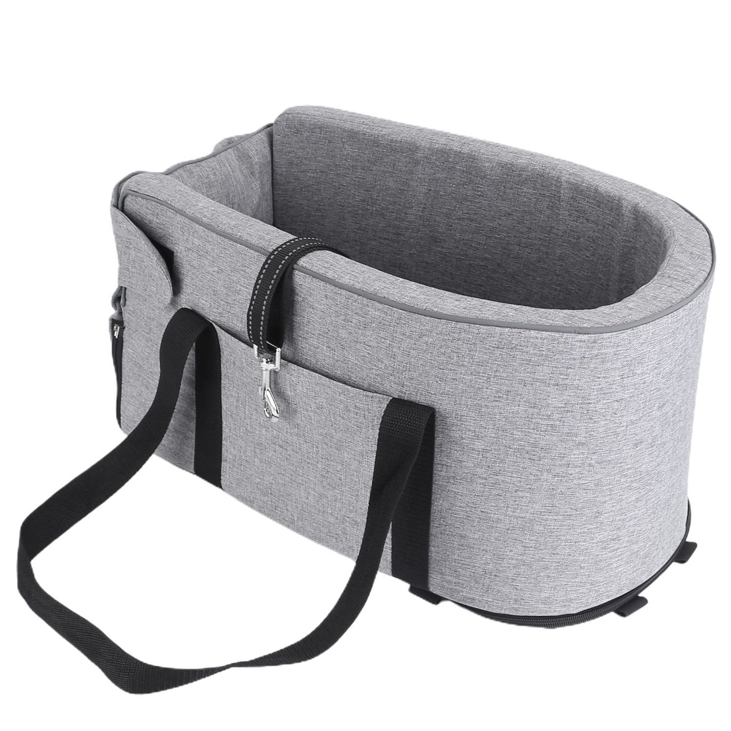 Light gray pet car seat with removable foam insert and visible zipper for disassembly
