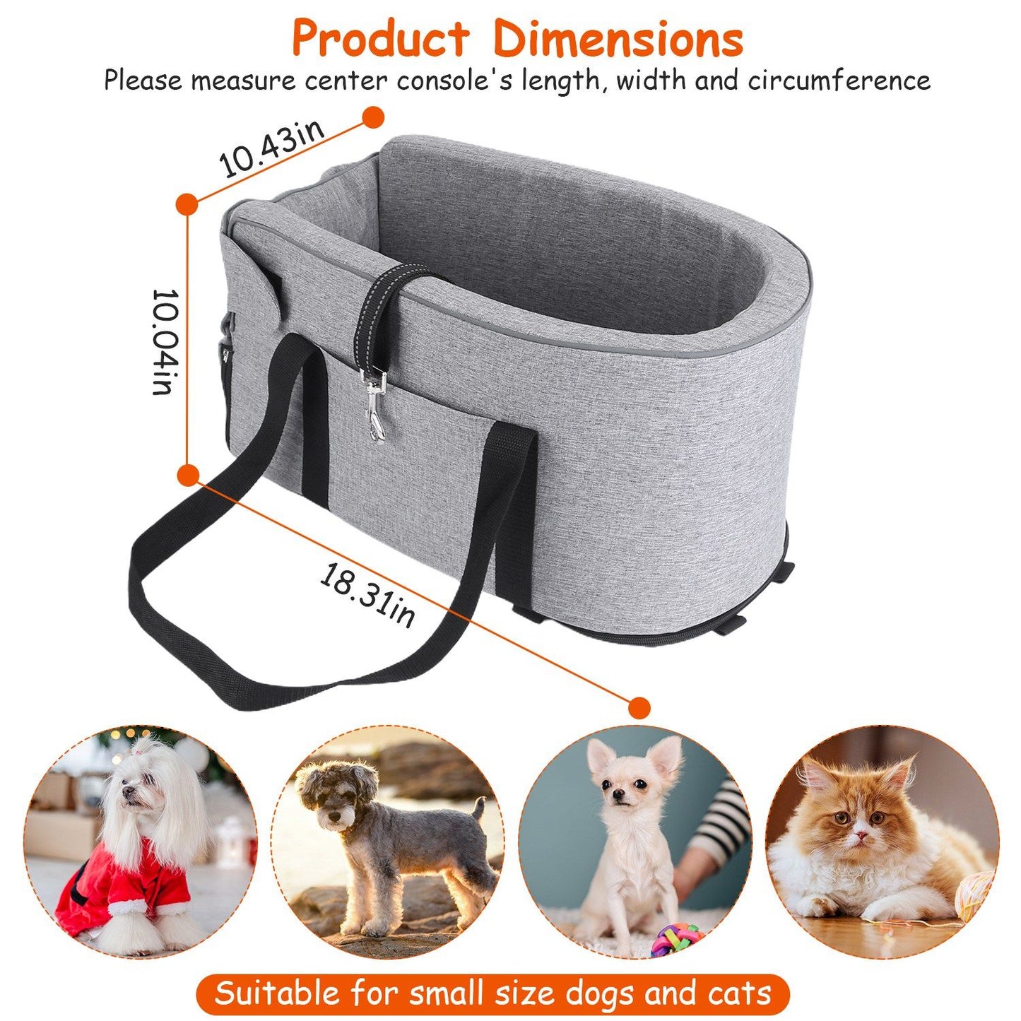 Pet seat dimensions 18.31 x 10.43 x 10.04 inches and recommended for small dogs and cats