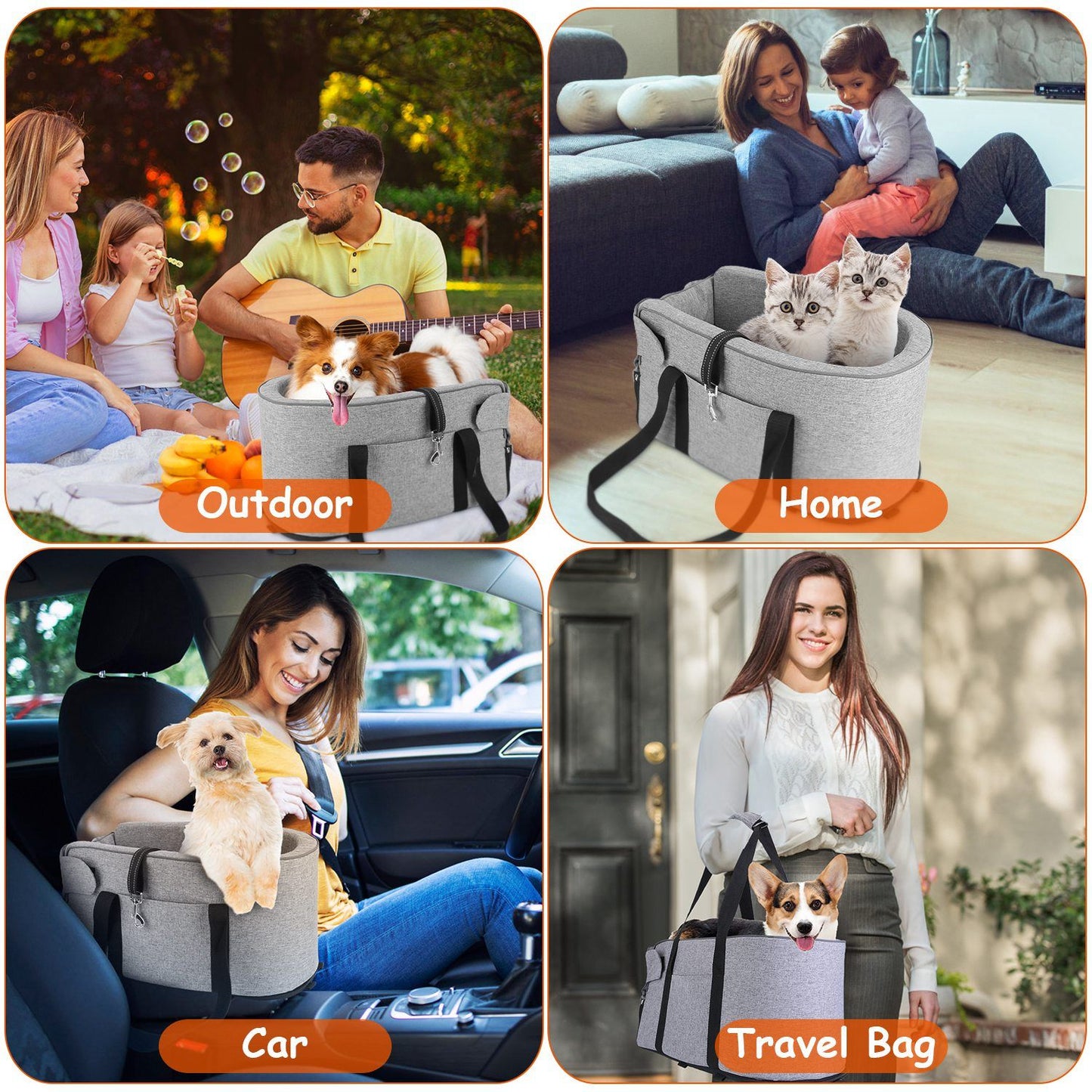 Collage demonstrating pet car seat use outdoors, at home, in car and as a travel bag