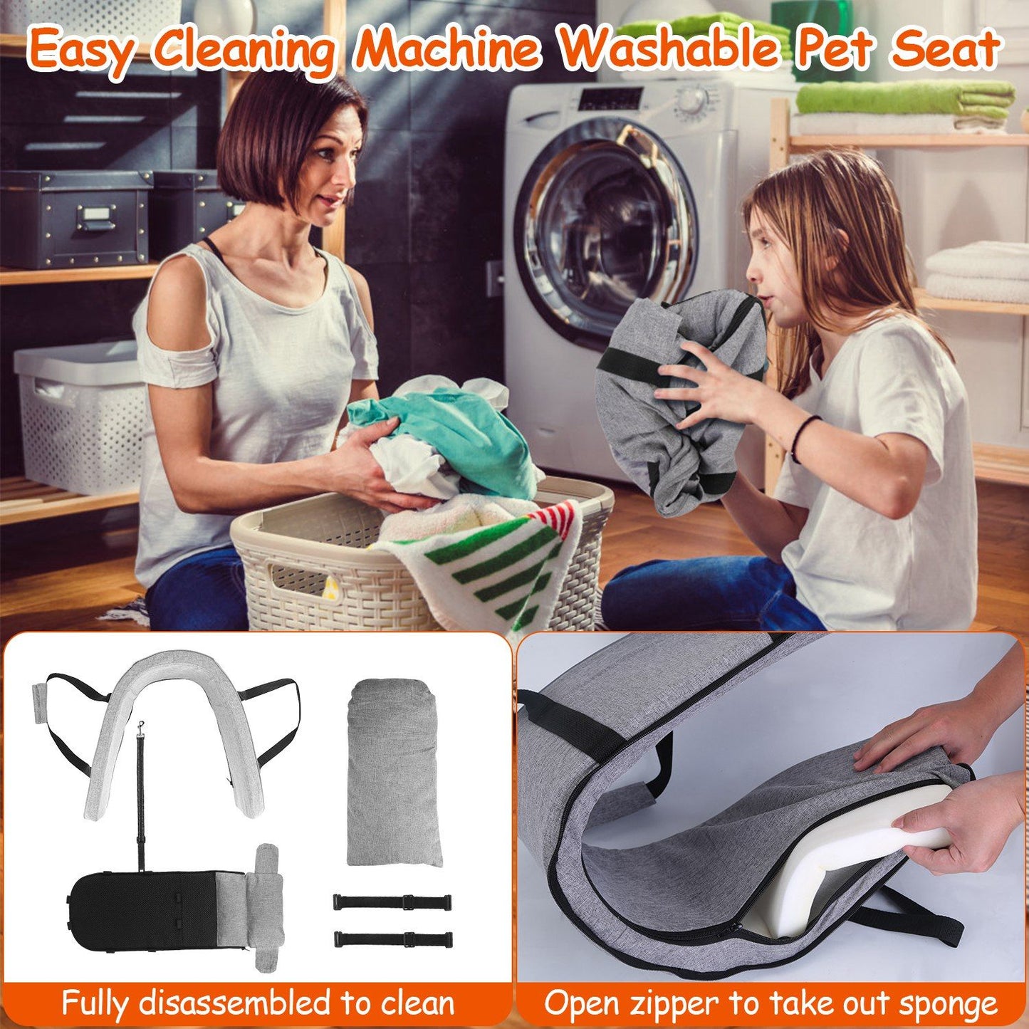 Assembly diagram showing removable cover, foam sponge and straps for machine washing