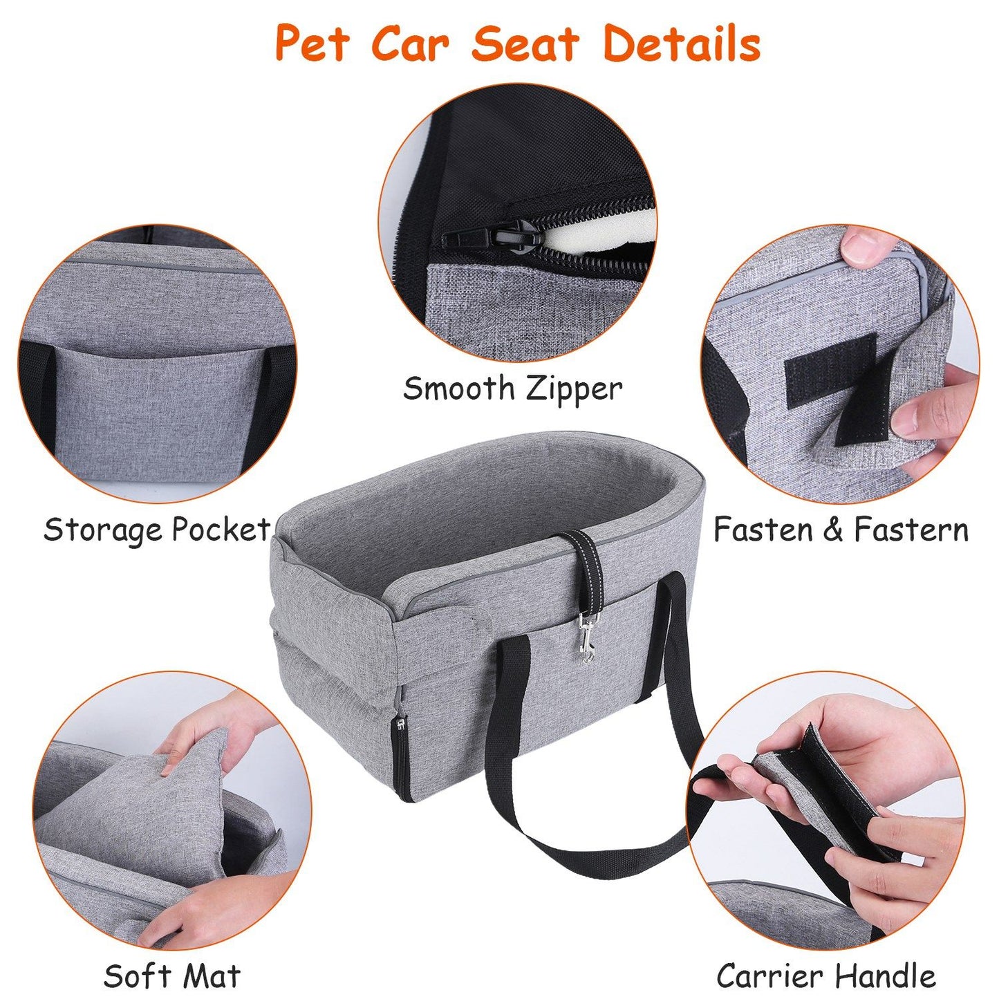 Collage showing pet car seat features: storage pocket, zipper, removable mat, and handle